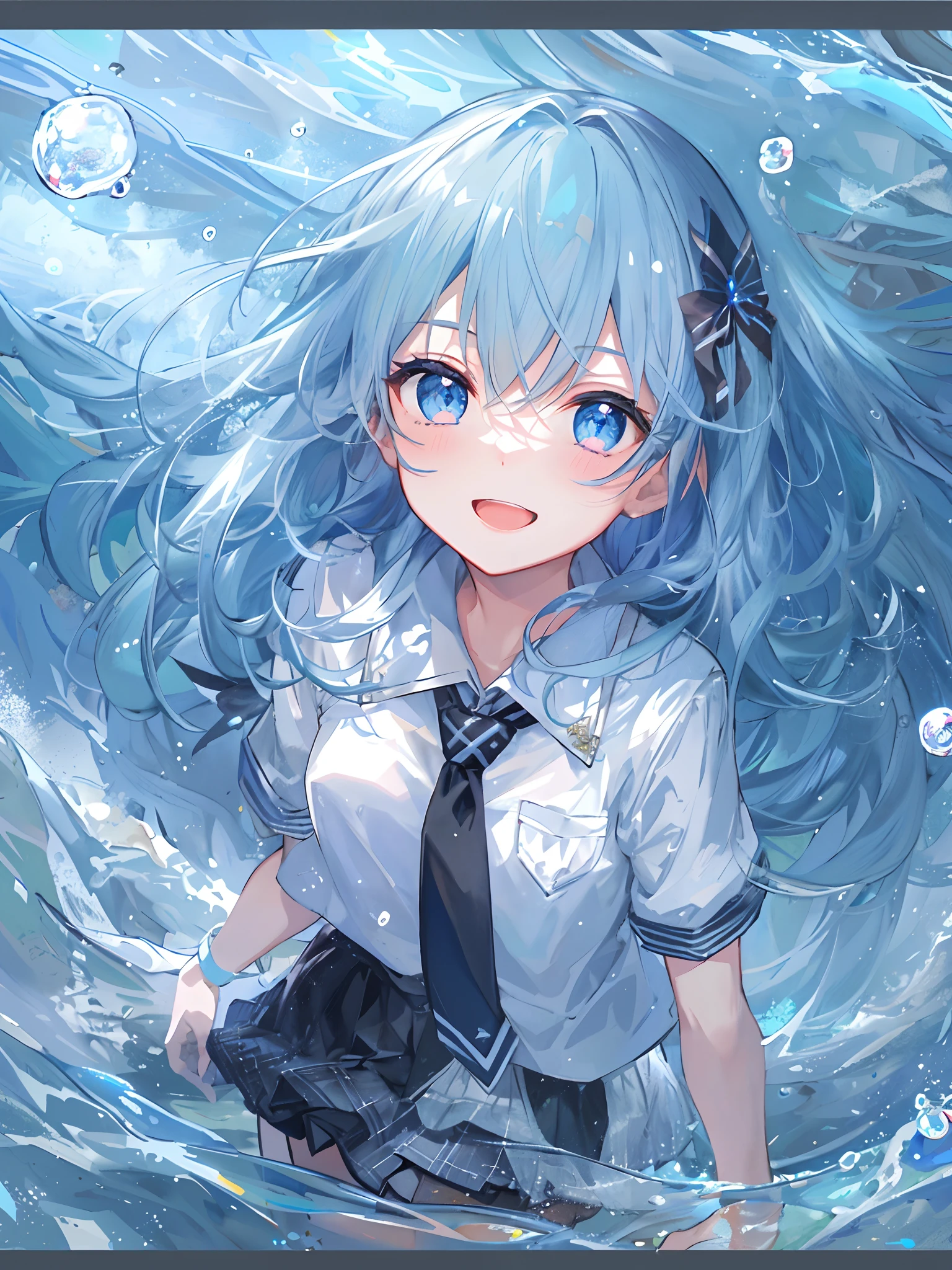 ((top-quality)), ((masterpiece)), ((ultra-detailliert)), (Extremely delicate and beautiful), girl with, 独奏, cold attitude,((Black jacket)),She is very(relax)with the(Settled down)Looks,A dark-haired, depth of fields,Evil smile,Bubble, under the water, Air bubble,bright light blue eyes,inner color with bright gray hair and light blue tips,,,,,,,,,,,Cold background,Bob Hair - Linear Art, shortpants、knee high socks、White uniform like school uniform、Light blue ribbon ties、Clothes are sheer、Hands in pockets、Bright eyes like sapphire,Fronllesse Blue, A small blue light was floating、fantastic eyes,Jumping figure、splash water