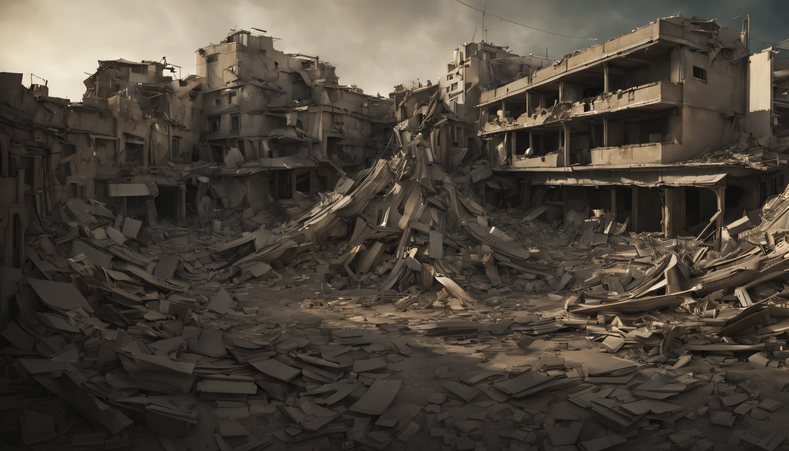 Israeli city destroyed with structures collapsing after war, fotografia de arte:4 criativos, Expressivo, unique, alta qualidade, Canon EOS 5D Mark IV DSLR, F/5.Abertura 6, velocidade do obturador 1/125 segundos, ISO 100, Adobe Photoshop, Concedido, Estilo Glibatree, experimental techniques, Perspectivas inusitadas, attention to detail::3 Apagamento, Escuro, inspirado::-2, sem antecedentes, deslumbrante, Texturas, Escalas iridescentes e luminescentes, breathtaking beauty, pure perfection, Divine Presence, unforgettable, impressionante, breathtaking beauty, volumetric light, Ter, raios, cores vivas refletem, perfect composition, Beautiful Image Rendering Trends Intricately Detailed Octane Art Station, Fotografia de arte 8K, arte conceitual fotorrealista, soft natural volumetric cinematic perfect light, Chiaroscuro, award-winning photography, master part, oil on the canvas, Raphael, Caravaggio, Greg Rutkowski, Bipe, Beksinski , Giger