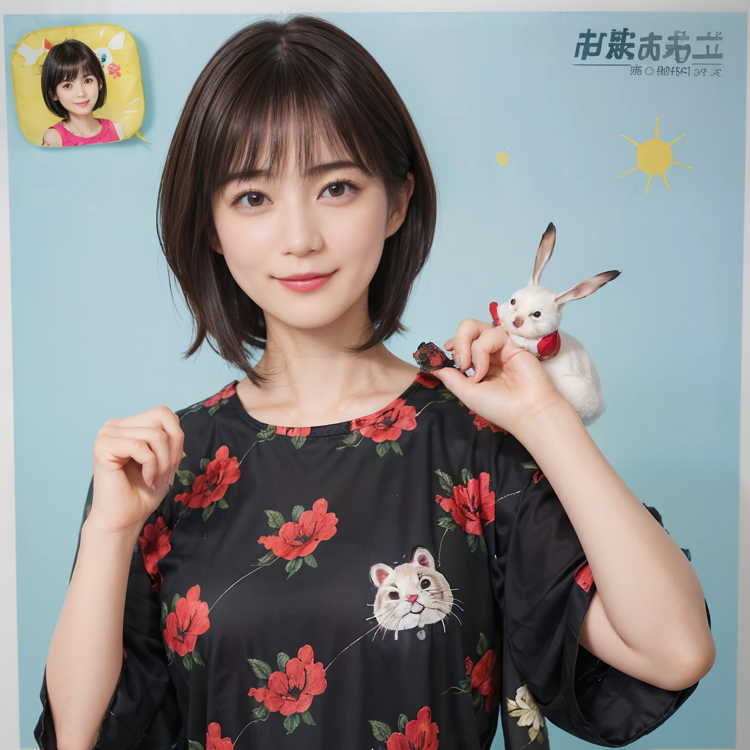 59
(a 20 yo woman,is standing), (A hyper-realistic), (masutepiece), ((A dark-haired、short-hair:1.3)), (Breast), kindly smile, (Clothing printed with animal characters)