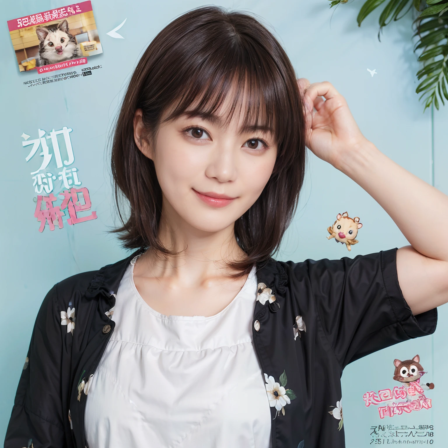 59
(a 20 yo woman,is standing), (A hyper-realistic), (masutepiece), ((A dark-haired、short-hair:1.3)), (Breast), kindly smile, (Clothing printed with animal characters)