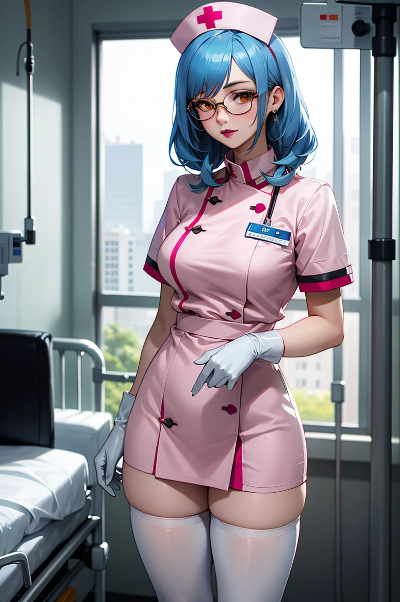 1woman, solo, nurse, nurse cap, white wear, ((white legwear, zettai ryouiki)), white gloves, glasses, blue hair, orange eyes, pink lips, standing, ((hospital room)), sharp outline, short sleeves, mature female, 32 years old, best quality, masterpiece