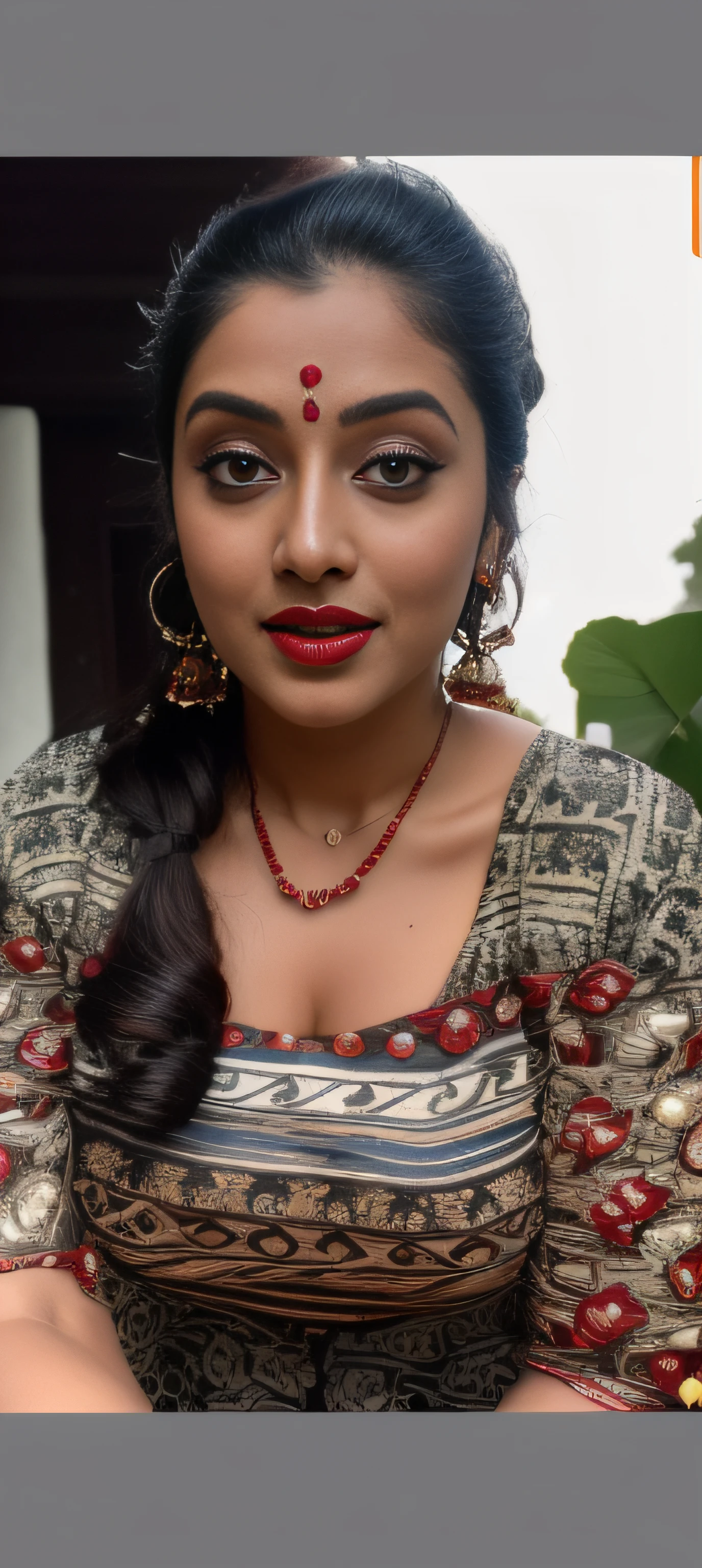 day scene, extreme close up photo of ArtStatio vedhika from top view, big cheeks, red Hollywood lips, black sari, huge breasts, squatting near shrub in a garden, hourglass figure, armpits, (blue eyes:1), ponytail, necklace, 30 yo, look at viewer and smile, (cinematic:1.3), intricate details, (ArtStation:1.2)