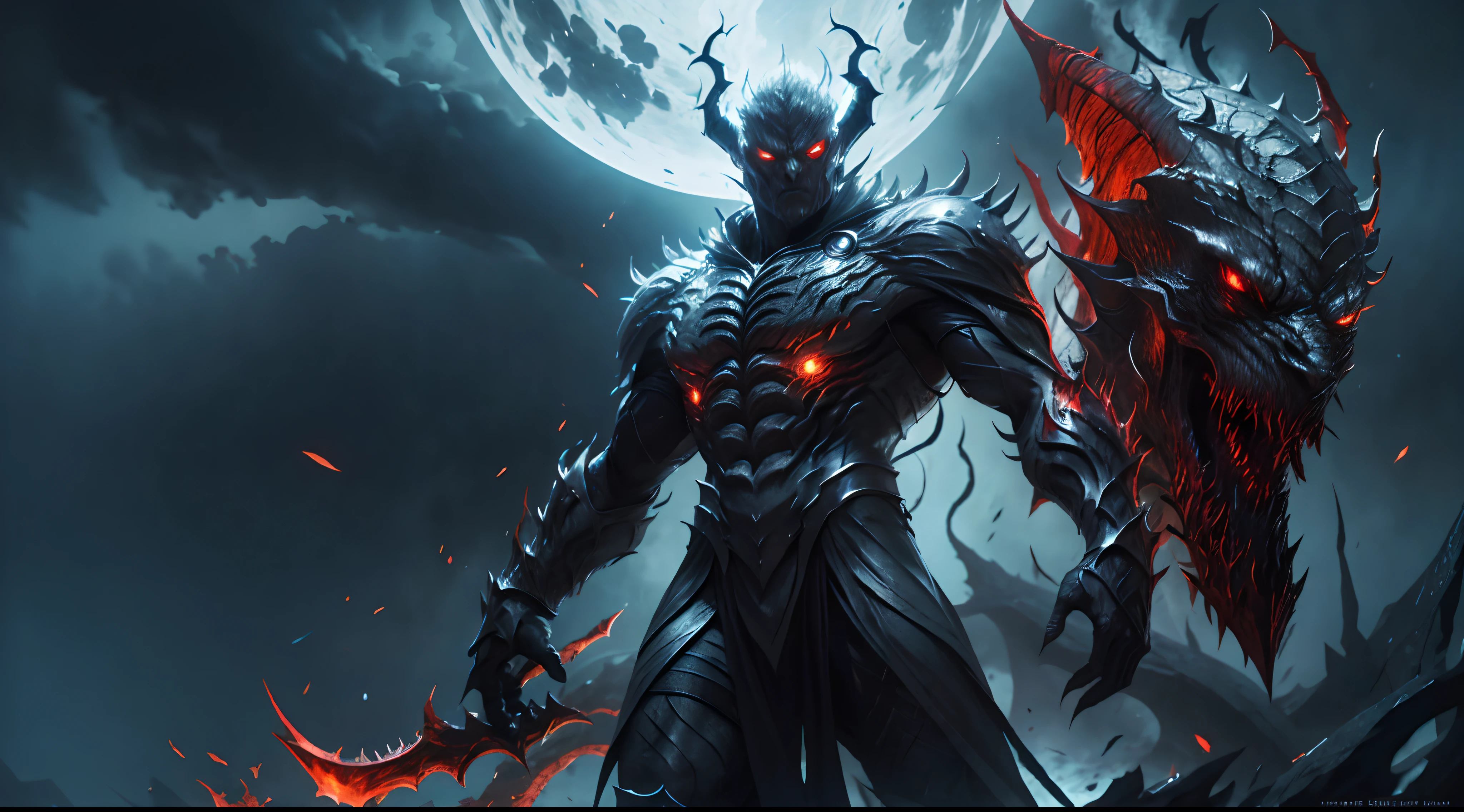 Full body shot of Garou with handsome face, red eyes, alduin, sharp glowing red eyes, darksiders art style, demon-inspired black flame reflecting armor, with his glowing red eyes becoming So alive with stunning detail and quality, a true work of art, crazy guts, black ancalagon.