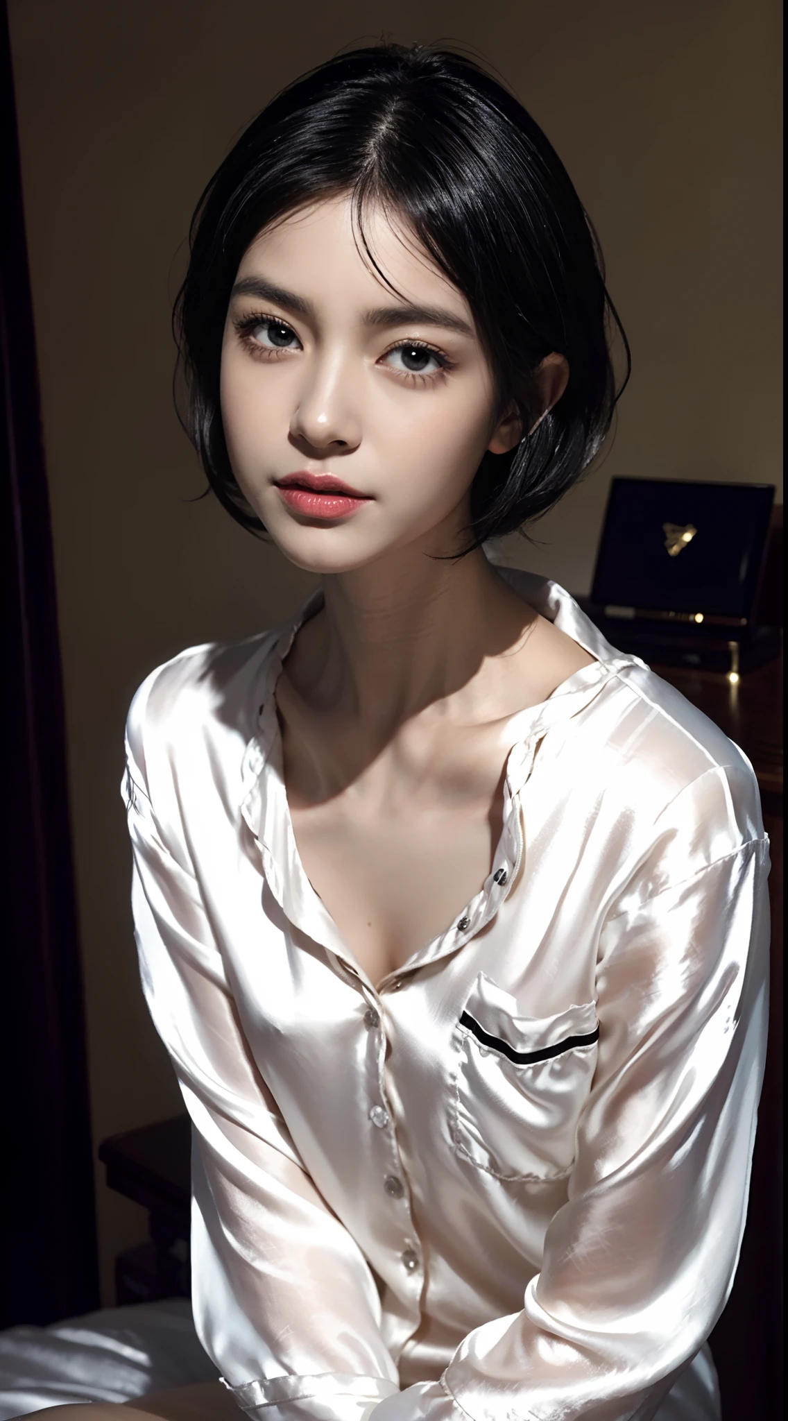 (shoulder-length straight short hair:0.9),（Extremely meticulous CG 8k wallpaper），（Extremely refined and beautiful），（Masterpiece），（best qualtiy:1.0），（Ultra High Resolution:1.0),beautiful light up，Perfect lightning,realistic shaded，[A high resolution],(Smooth and flawless fair skin:1.5),(shiny skin:1.5),Extremely exquisite facial details，ultra - detailed,A  girl,small head,dawn,dim light,Close Shot,at home,in washroom,standing,(Next to the washbasin:1.3),(Across from the mirror:1.3),(laughing:1.3),top down overhead camera perspective，small face,（perfect body:1.1）,small breasts，flat chest，slim,collar,(white silk pajama shirt:1.5),(femal orgasmic:1.5),(blush:1.3),ahegao,cowboy shot,portrait,mirror shot