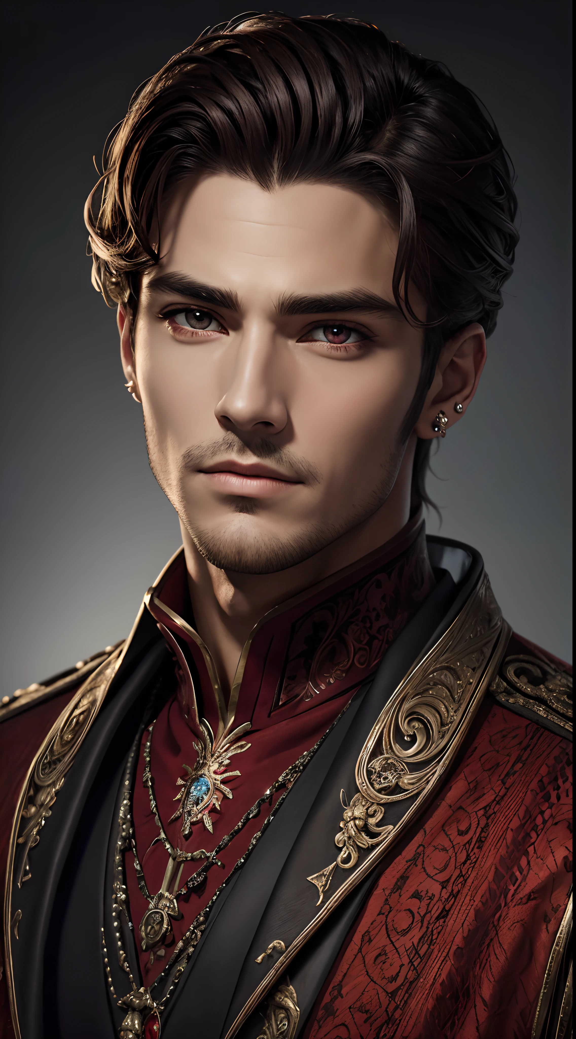 A stunning high-resolution portrait of a handsome man with piercing red eyes, his face expertly rendered with intricate details and a professional touch.