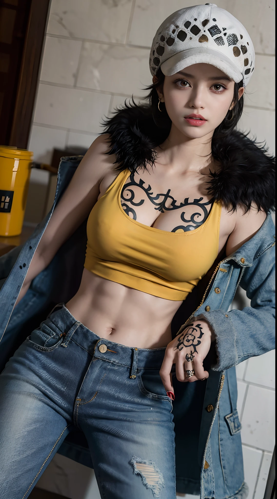 masterpiece, best quality, 8k,highestres, absurdres, extremely detailed, female trafalgar law, 1girl, 1sword, solo, looking at viewer, short hair, medium breasts, hat, navel, cleavage, collarbone, earrings, midriff, pants, coat, fur trim, denim, jeans, shoulder tattoo, hand tattoo, finger tattoo, black fur-trimmed coat, coat on shoulders, yellow tank top,///,