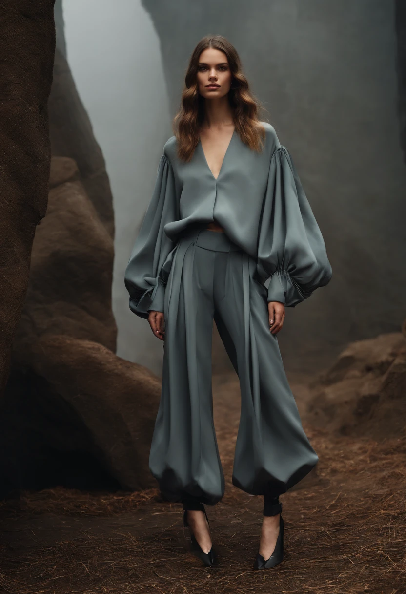 Runway girls,Structure split women's clothing, effect,k hd, gray clothes,Loose bloomer pants,???? sleeves,Ambient,