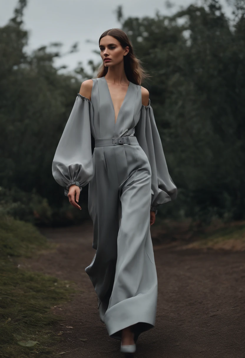 Runway girls,Structure split women's clothing, effect,k hd, gray clothes，Loose bloomer pants，puff sleeves，Ambient，