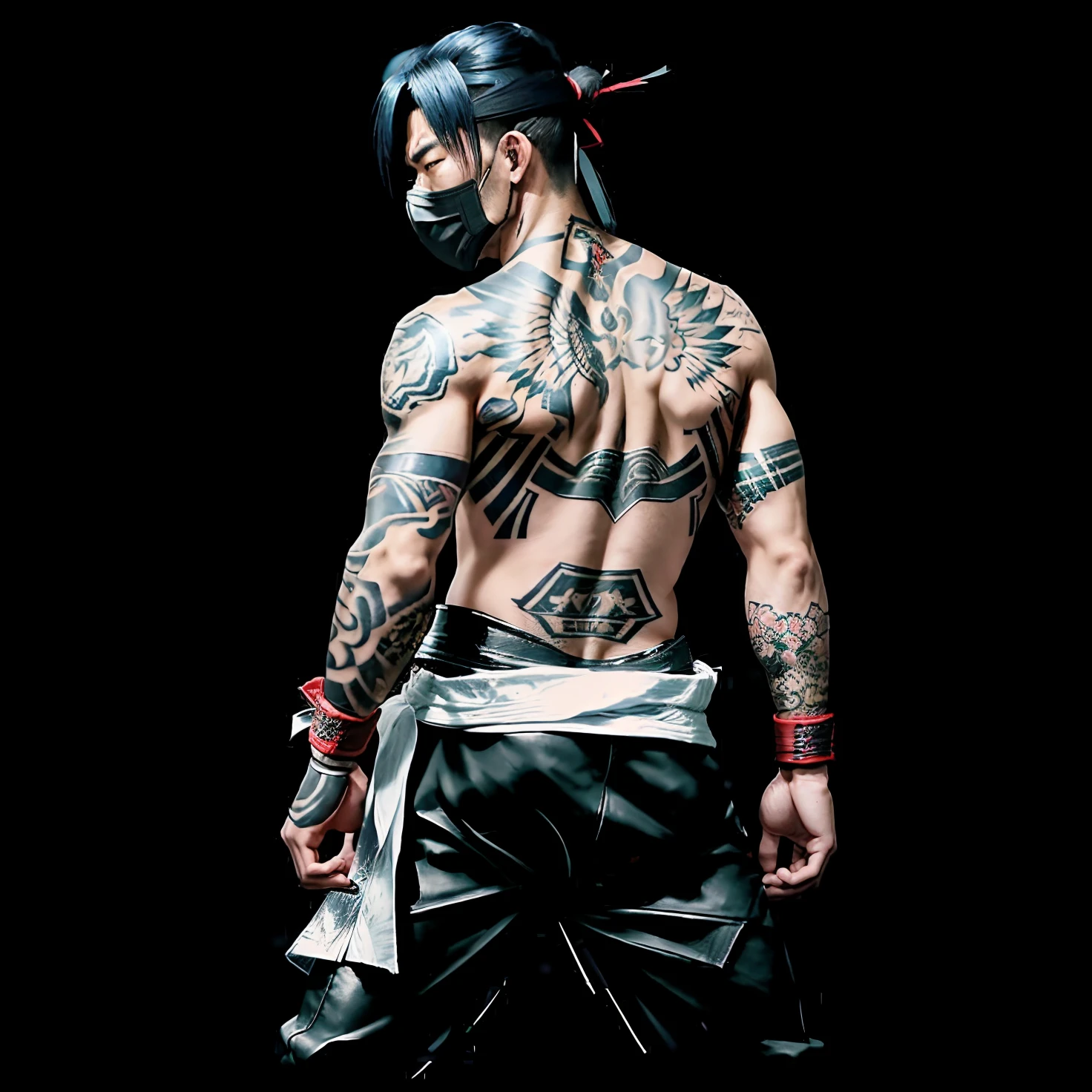 a man with a tattoo on his back holding a knife, fighting game character, character from mortal kombat, inspired by Tōichi Katō, hajime no ippo manga inspired, mma southpaw stance, character from king of fighters, fighting stance, inspired by Kōno Michisei, inspired by Sōtarō Yasui, fighter pose