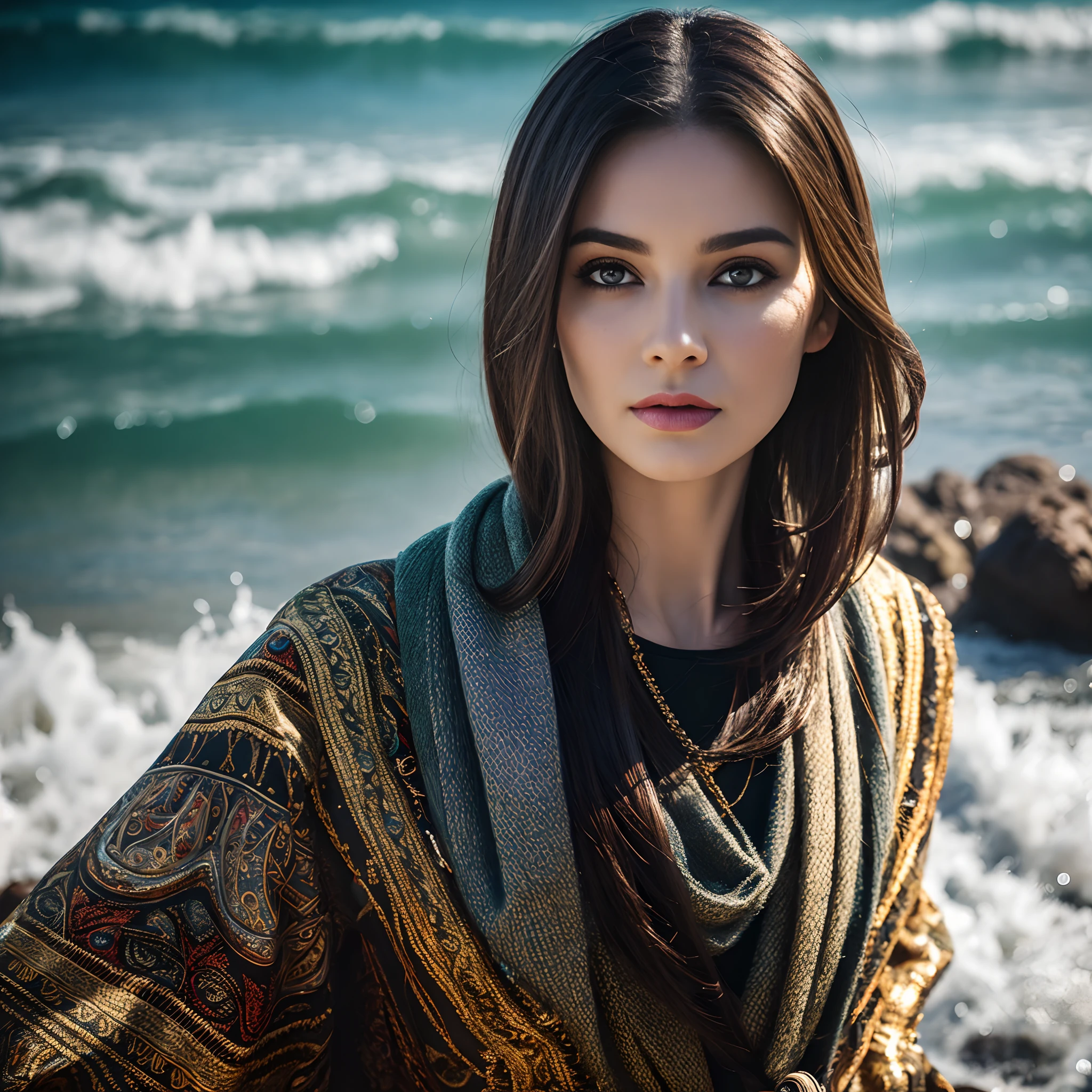 Waist high Portrait of an exotic beautiful caucasian woman wearing trendy clothing at a beach, perfect detailed face, detailed symmetric hazel eyes with circular iris, realistic, stunning realistic photograph, 3d render, octane render, intricately detailed, cinematic, trending on artstation, Isometric, Centered hipereallistic cover photo, awesome full color, hand drawn, dark, gritty, mucha, klimt, erte 12k, high definition, cinematic, neoprene, behance contest winner, portrait featured on unsplash, stylized digital art, smooth, ultra high definition, 8k, unreal engine 5, ultra sharp focus, intricate artwork masterpiece, ominous, epic, TanvirTamim, trending on artstation, by artgerm, h. r. giger and beksinski, highly detailed, vibrant