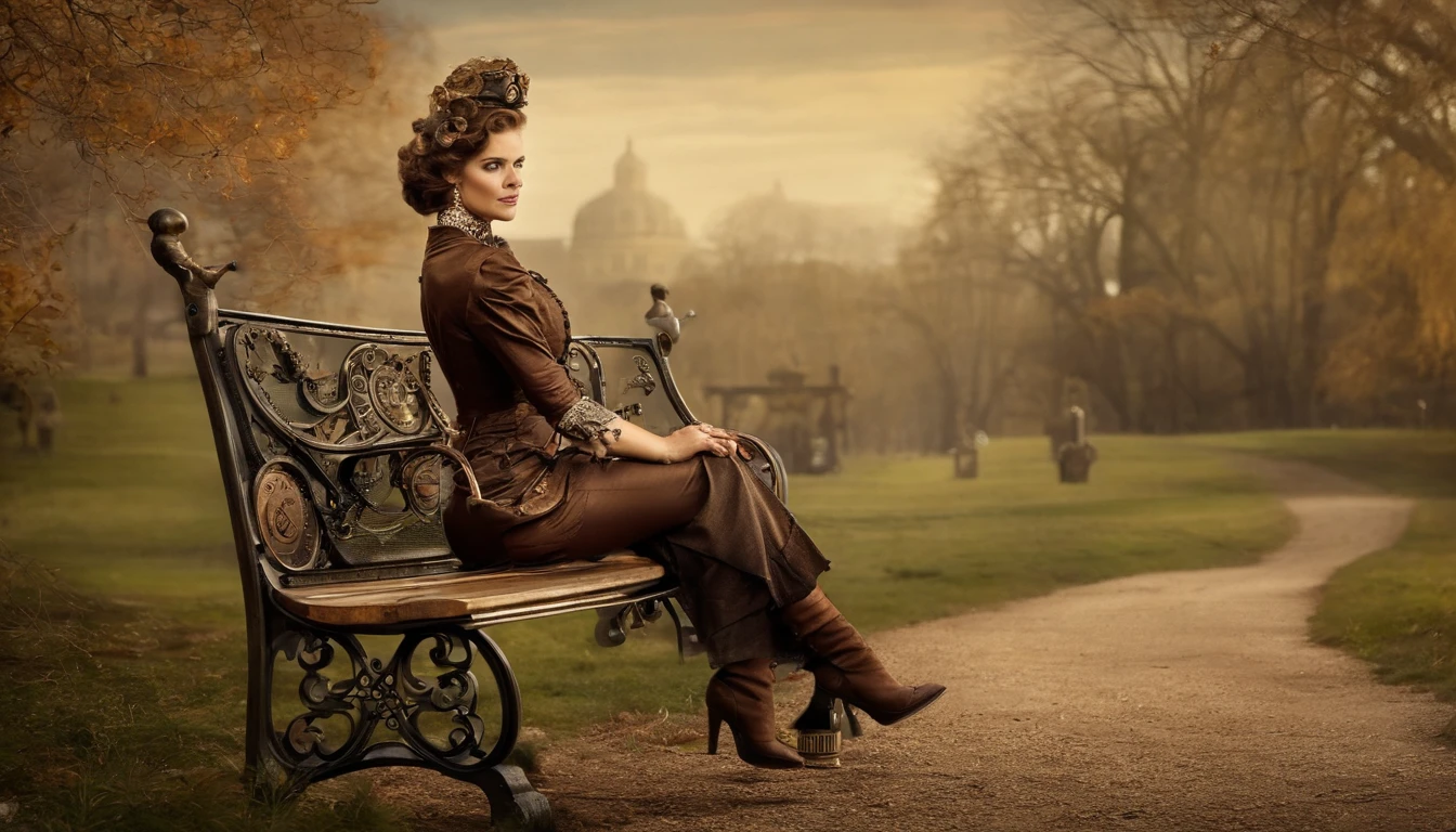 A woman is sitting on a bench in a park, Looking at a necklace that's in your hand.