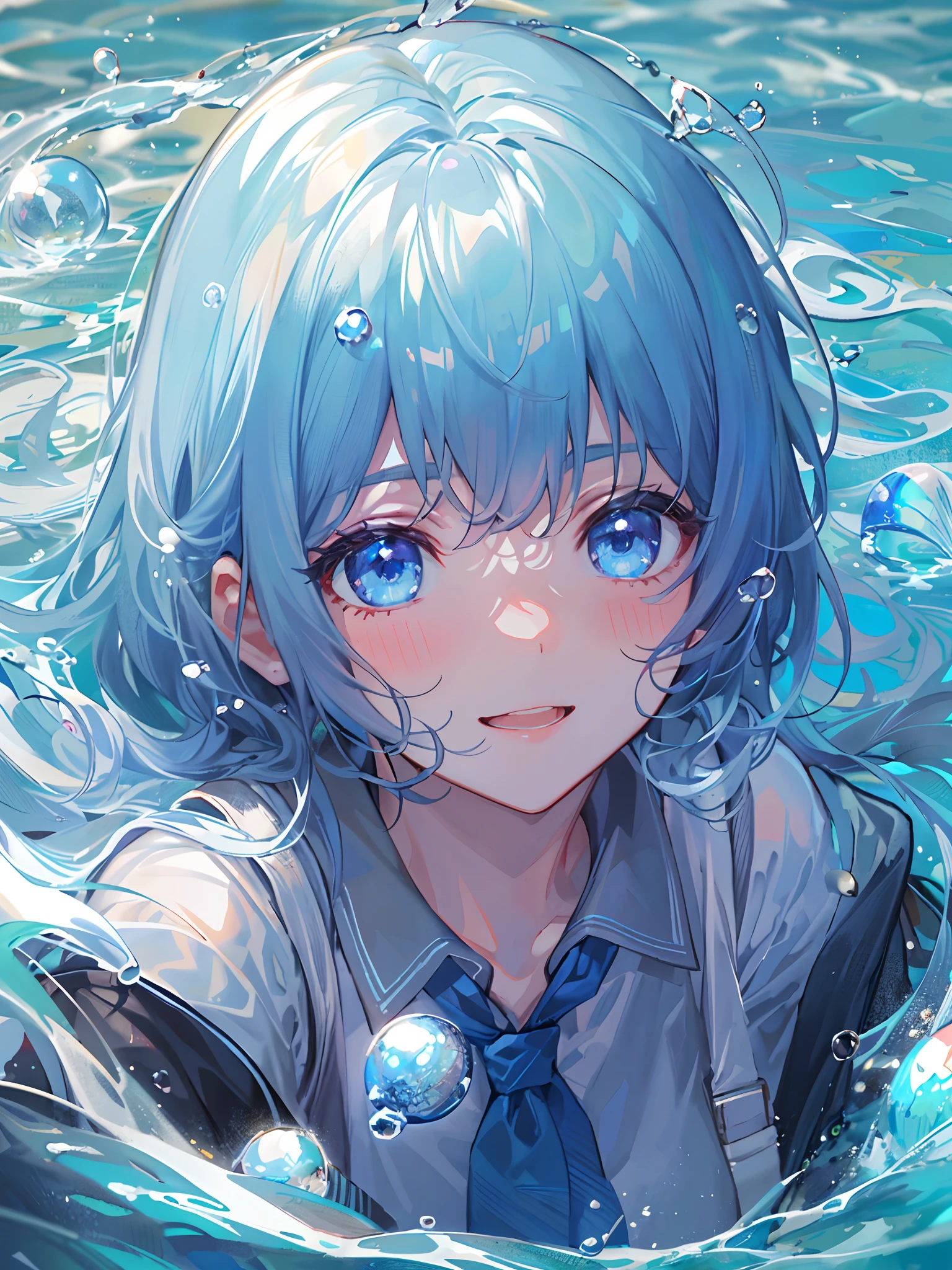 ((top-quality)), ((masterpiece)), ((ultra-detailliert)), (Extremely delicate and beautiful), girl with, 独奏, cold attitude,((Black jacket)),She is very(relax)with the(Settled down)Looks,A dark-haired, depth of fields,Evil smile,Bubble, under the water, Air bubble,bright light blue eyes,inner color with bright gray hair and light blue tips,,,,,,,,,,Cold background,Bob Hair - Linear Art, shortpants、knee high socks、White uniform like school uniform、Light blue ribbon ties、Clothes are sheer、Hands in pockets、Bright eyes like sapphire,Fronllesse Blue, A small blue light was floating、fantastic eyes,Jumping figure、splash water