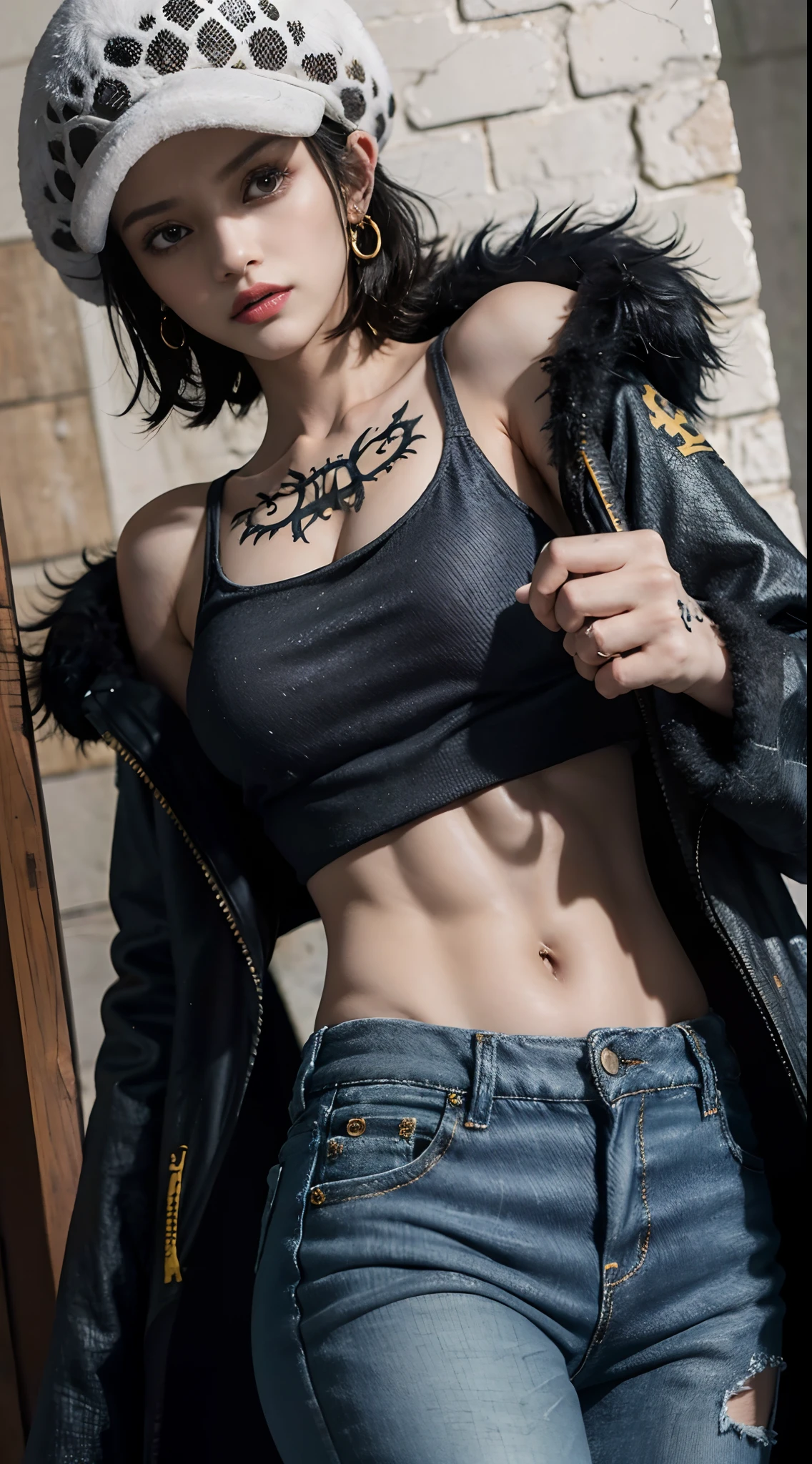 masterpiece, best quality, 8k,highestres, absurdres, extremely detailed, female trafalgar law, 1girl, 1sword, solo, looking at viewer, short hair, medium breasts, hat, navel, cleavage, collarbone, earrings, midriff, pants, coat, fur trim, denim, jeans, shoulder tattoo, hand tattoo, finger tattoo, black fur-trimmed coat, coat on shoulders, yellow tank top,///,