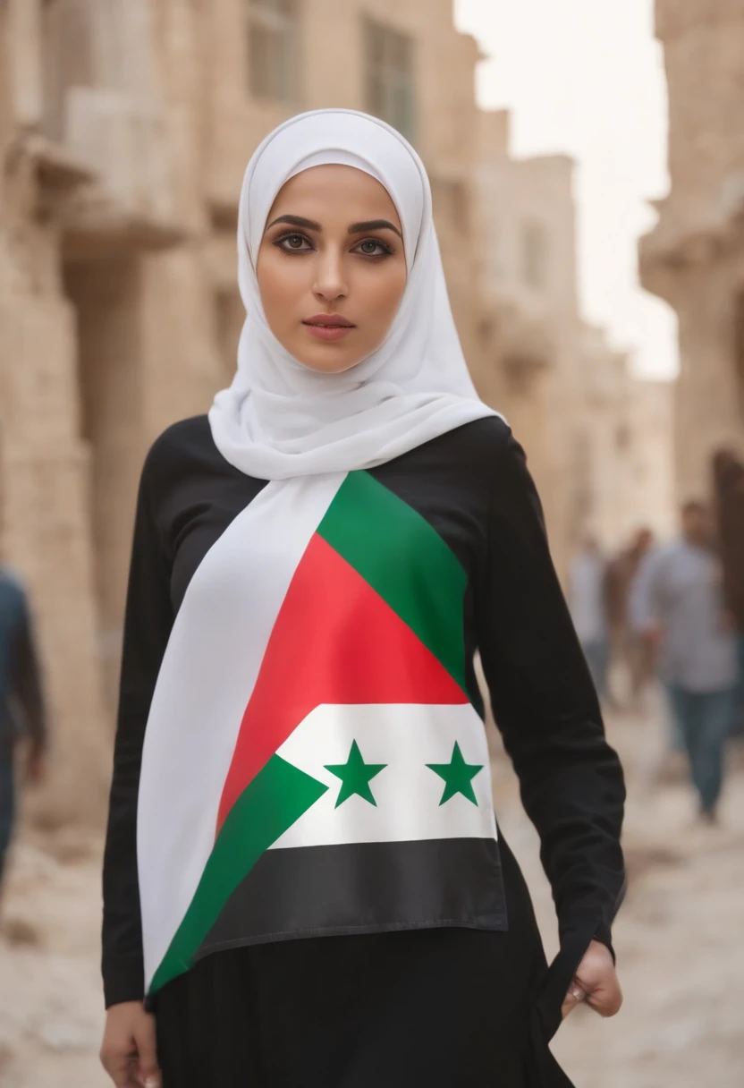 women wearing a hijab Palestine Flag shirt decorated with Palestinian flag ,explosion, divasting buildings. In middle of the street. Realistic photo accurate.