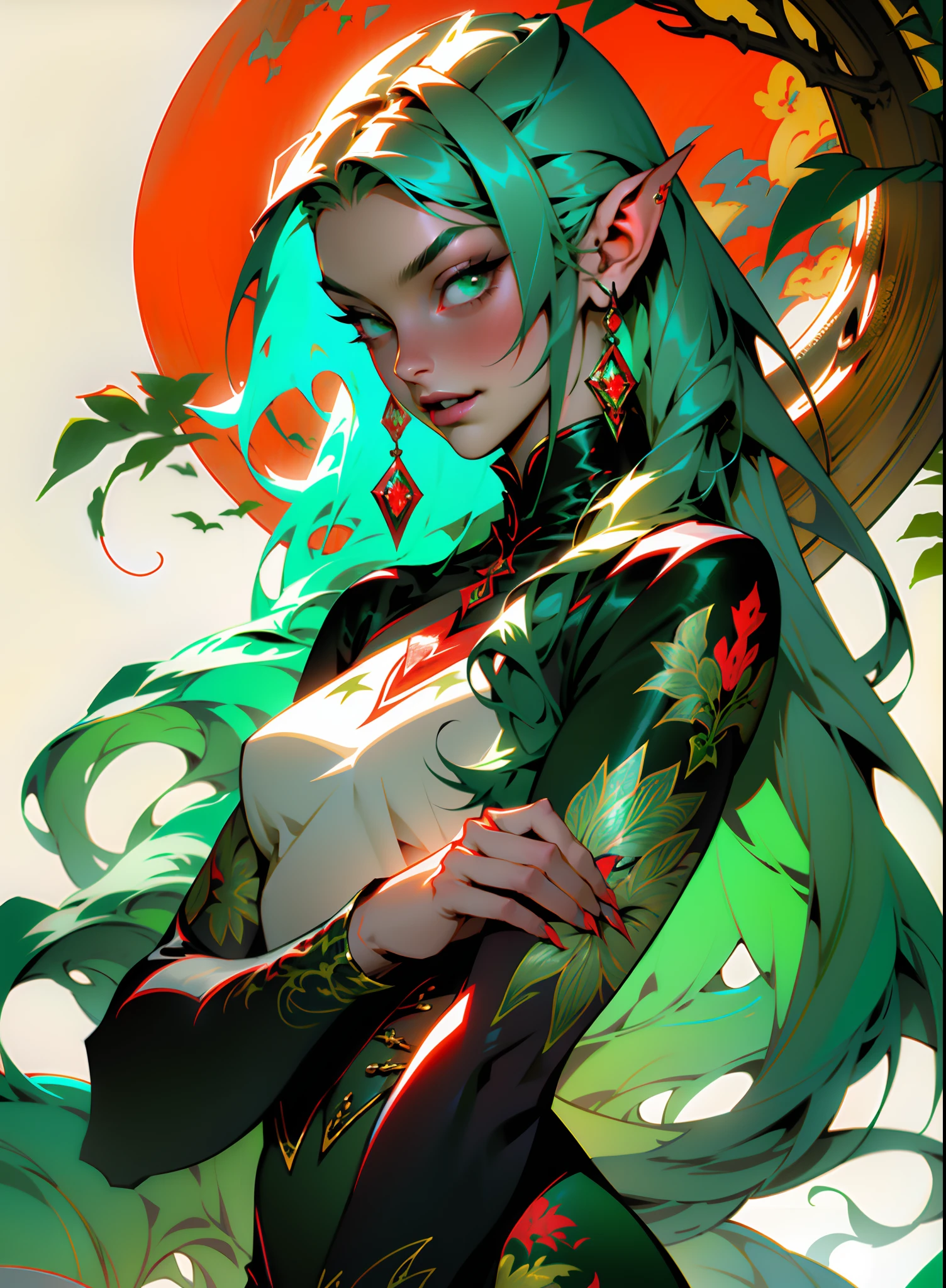 girl with long hair, beautiful vampire, vampire aesthetic, beautiful girl, very beautiful fantasy art, beautiful and elegant female fairy, beautiful detailed fantasy, green and red color palate, green color-theme