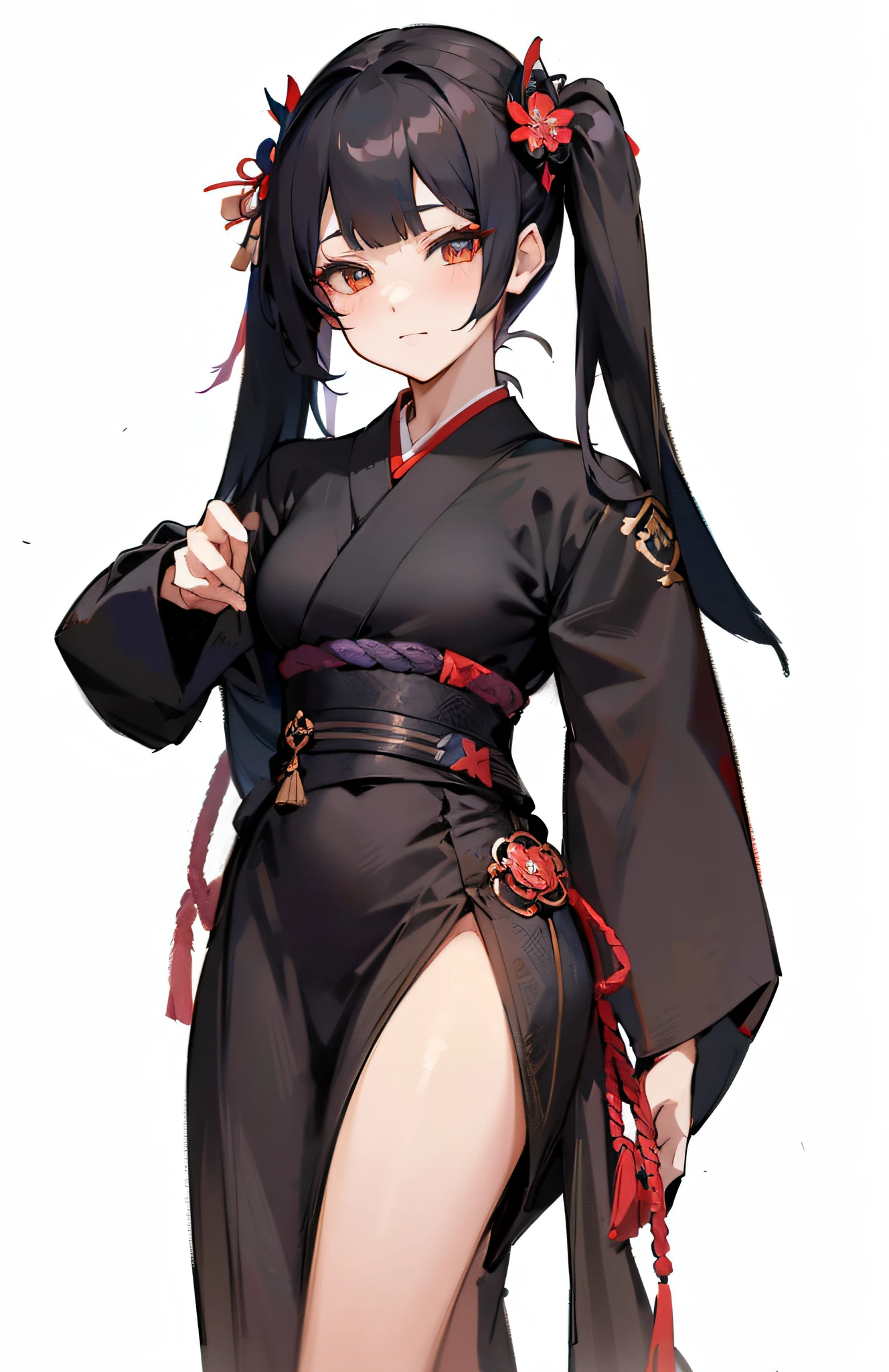 Anime girl in kimono costume with sword and flowers in her hair, portrait onmyoji, Ayaka Genshin Impact, from girls frontline, characters from azur lane, azur lane style, wearing dark robe, Onmyoji, onmyoji detailed art, from the azur lane videogame, wearing black robe, ((wearing aristocrat robe))