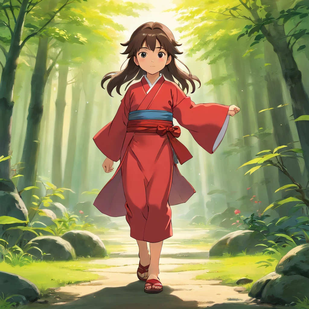 6 year old Japanese girl, Long hair, Front view, full bodyesbian, without background. The little girl was dressed in red Hanfu, shot from a far distance，full bodyesbian，Wear boots