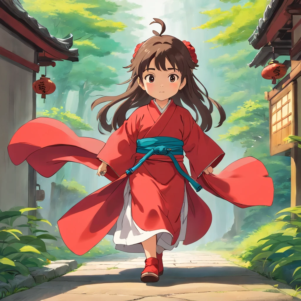 6 year old Japanese girl, Long hair, Front view, full bodyesbian, without background. The little girl was dressed in red Hanfu, shot from a far distance,full bodyesbian,Wear boots
