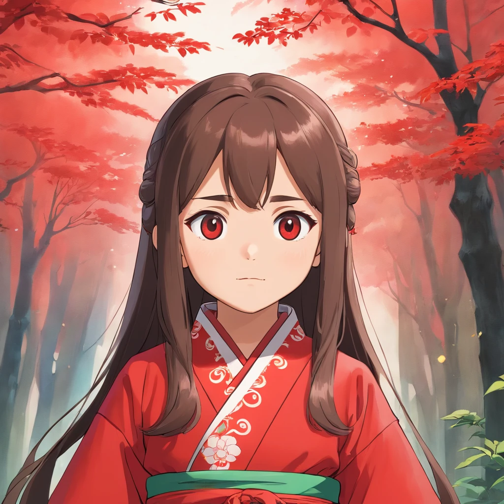 6 year old Japanese girl, Long hair, Front view, full bodyesbian, without background. The little girl was dressed in red Hanfu, shot from a far distance,full bodyesbian,Wear boots