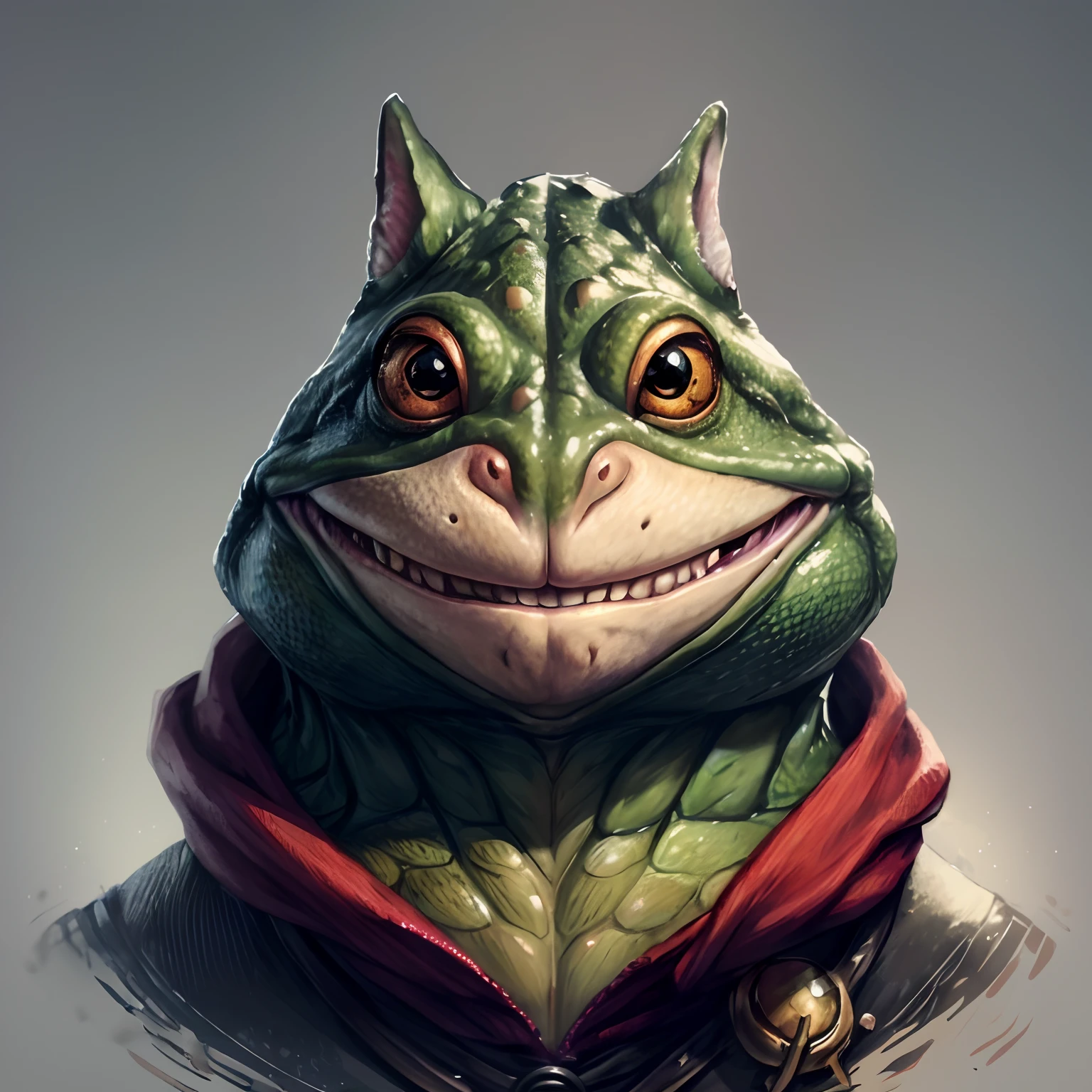 a realistic close up of a cat frog with a red scarf, fantasy art smug smile man, hyperdetailed fantasy character, lizardman art, fantasy  concept portrait, cyberpunk cat frog, portrait of a cat the frog, anthropomorphic cat with grog, lizardfolk, closeup character portrait