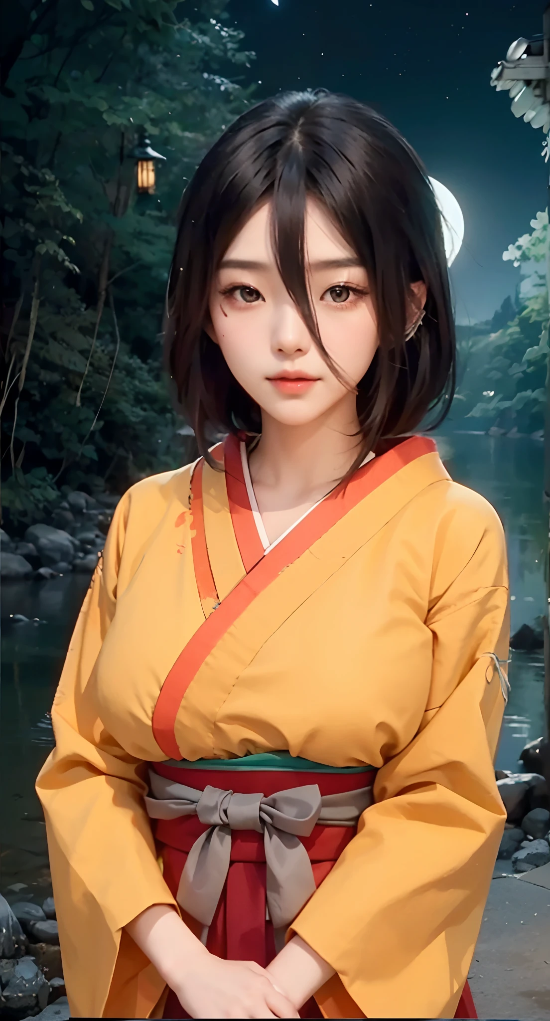 Real life adaption of this character, Korean beautiful face, looking to viewer,realistic same hair The back of his hair is long , (realistic same kimono outfit ),realistic nature scenery with Moonlight view background, hyper realistic, realistic light, realistic shadow, realism,(photorealistic:1.2)
