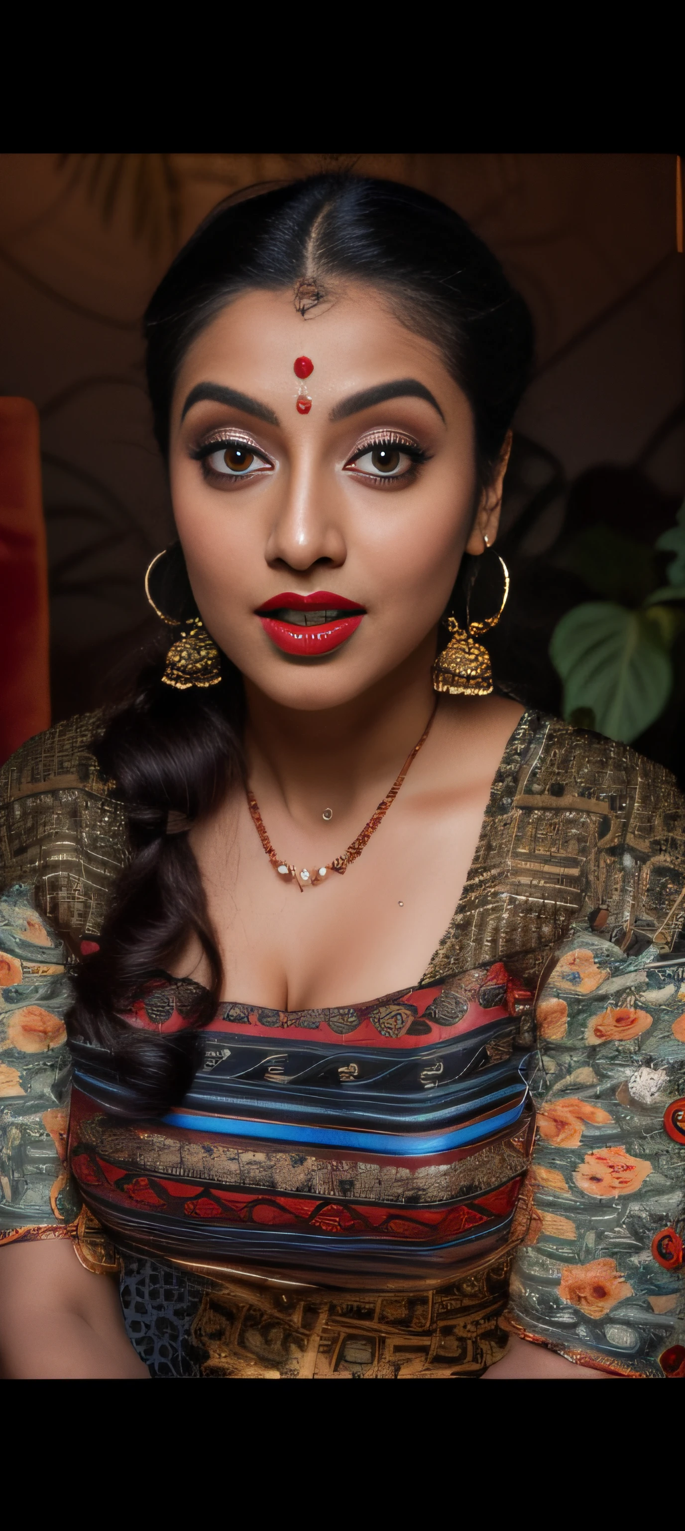 day scene, extreme close up photo of ArtStatio vedhika from top view, big cheeks, red Hollywood lips, black sari, huge breasts, squatting near shrub in a garden, hourglass figure, armpits, (blue eyes:1), ponytail, necklace, 30 yo, look at viewer and smile, (cinematic:1.3), intricate details, (ArtStation:1.2)