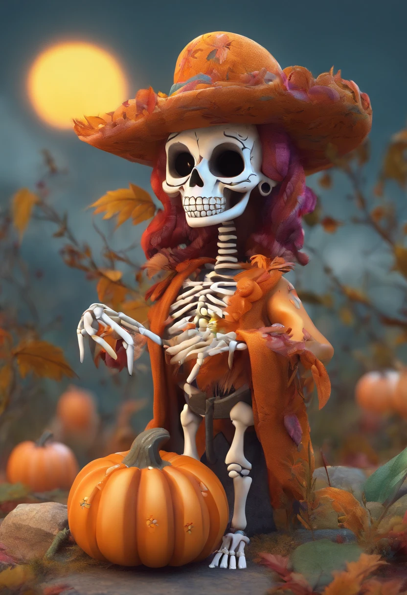 Cute skeleton, 8 K high quality detail art, 4k highly detailed digital art, pumpkins, Cute 3d render, 8 K highly detailed Halloween theme,concept art of character,Game scene graph,,Frida Kahlo,Caricature,a whimsical illustration,Rock art,Exaggeration, Rolling waves,Cartoon,anime big breast,kawaii,Manga,Impresso em 3D,Feather work,Caricature,Rock art,watermarked,Caricature,Rock art, --AR 3:4 --V 5.2 --Style primitive --Glazing