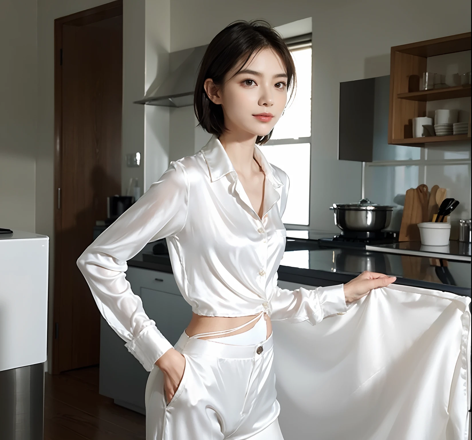 small head,  (perfect bodies: 1.1), (Shoulder length straight short hair:0.9), （Highly detailed CG 8K wallpapers），（Very sophisticated、Beautiful fece），（masutepiece），（best qualtiy：1.0），（超A high resolution：1.0），(Upper body:1.3)，[hight resolution]，cheerfulness，Smile,(Smooth and perfectly fair skin:1.5),(Shiny skin:1.5),ultra - detailed,elongated legs,(Small breasts:1.1),flat chest,slim，emaciated,(White silk pajama shirt and pants:1.5),(round hip:1.3),(sharp hips:1.5),in kitchen,Turquoise background standing,(from the front side:1.3),(Close Shot:1.3),nightfall，Warm light,A few dishes on the table,Standing,(Cowboy Shot:1.3),(portrait photo:1.3)