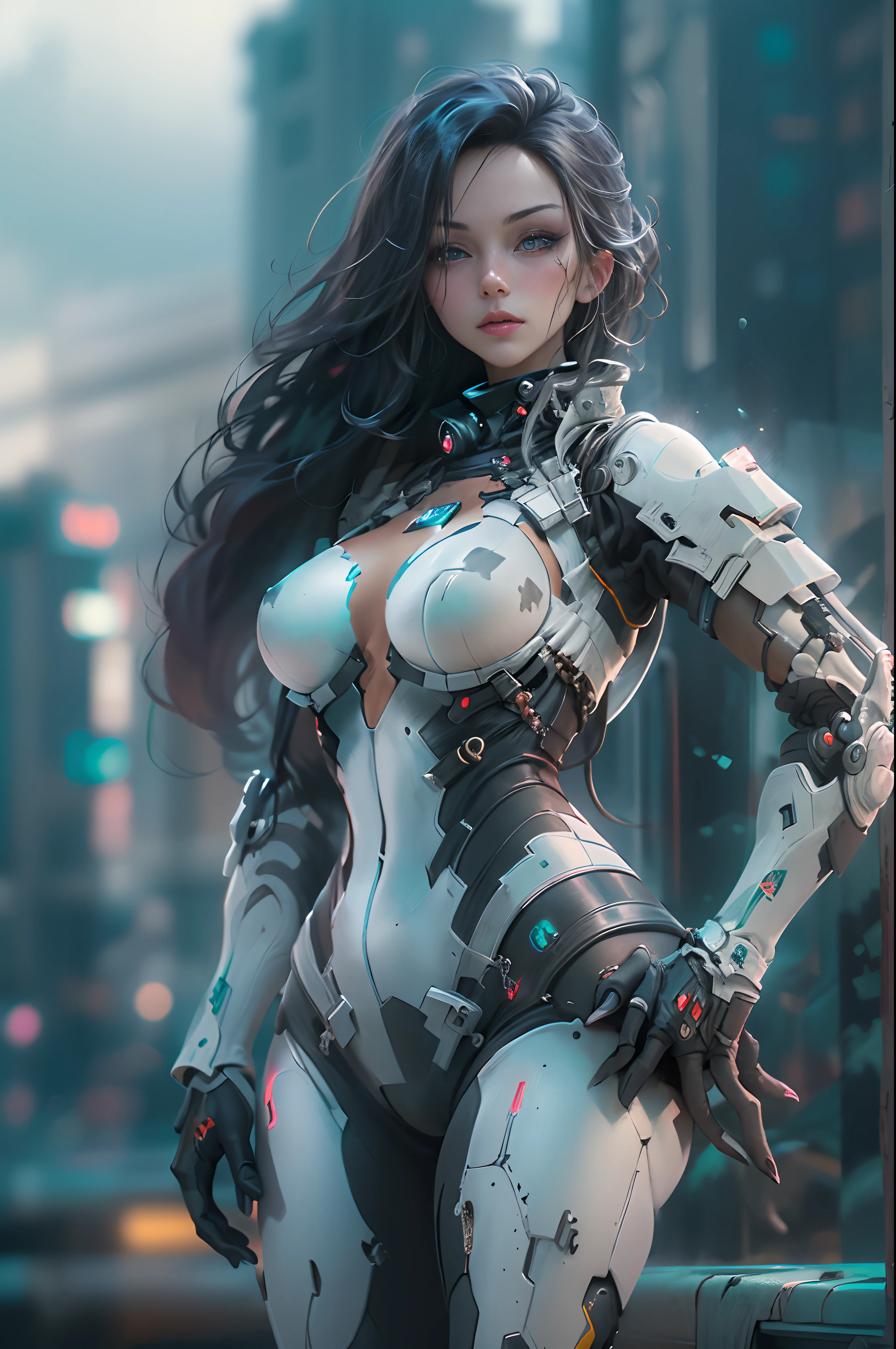 ((Best quality)), ((masterpiece)), (detailed:1.4), photograph of a beautiful cyberpunk female, (wearing smooth organic tech armor), (long shapeless hair), big breasts, (cowboy shot), ((dynamic pose)), (Depth-of-field), Maximum clarity and sharpness, Octane Render, (Cinematic lighting),Wide aperture,Low ISO,White balance,Rule of thirds,8K RAW