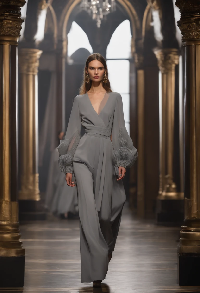 Runway girls,Structure split women's clothing, effect,k hd, gray clothes,Loose bloomer pants,puff sleeves,Ambient,Autumn dress