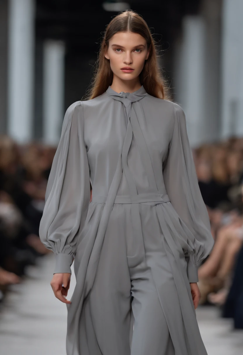 Runway girls,Structure split women's clothing, effect,k hd, gray clothes,Loose bloomer pants,puff sleeves,Ambient,Autumn dress