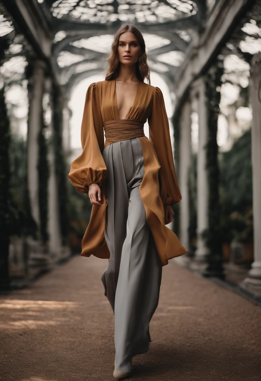 Runway girls,Structure split women's clothing, effect,k hd, gray clothes，Loose bloomer pants，puff sleeves，Ambient，Autumn dress