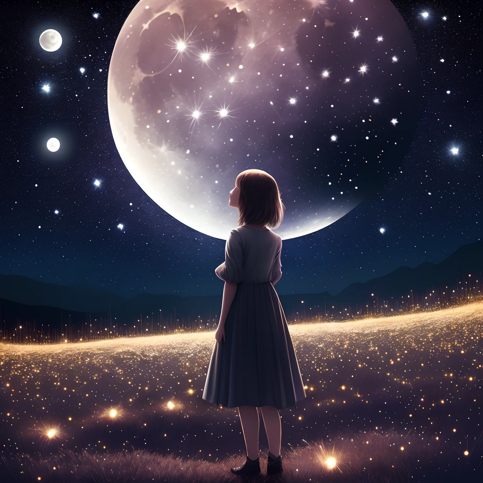 1girl,standing, crescent_moon in sky, earth_\(planet\), fireflies, fireworks, full_moon, galaxy, light_particles, milky_way, moon, moonlight, night, night_sky, planet,