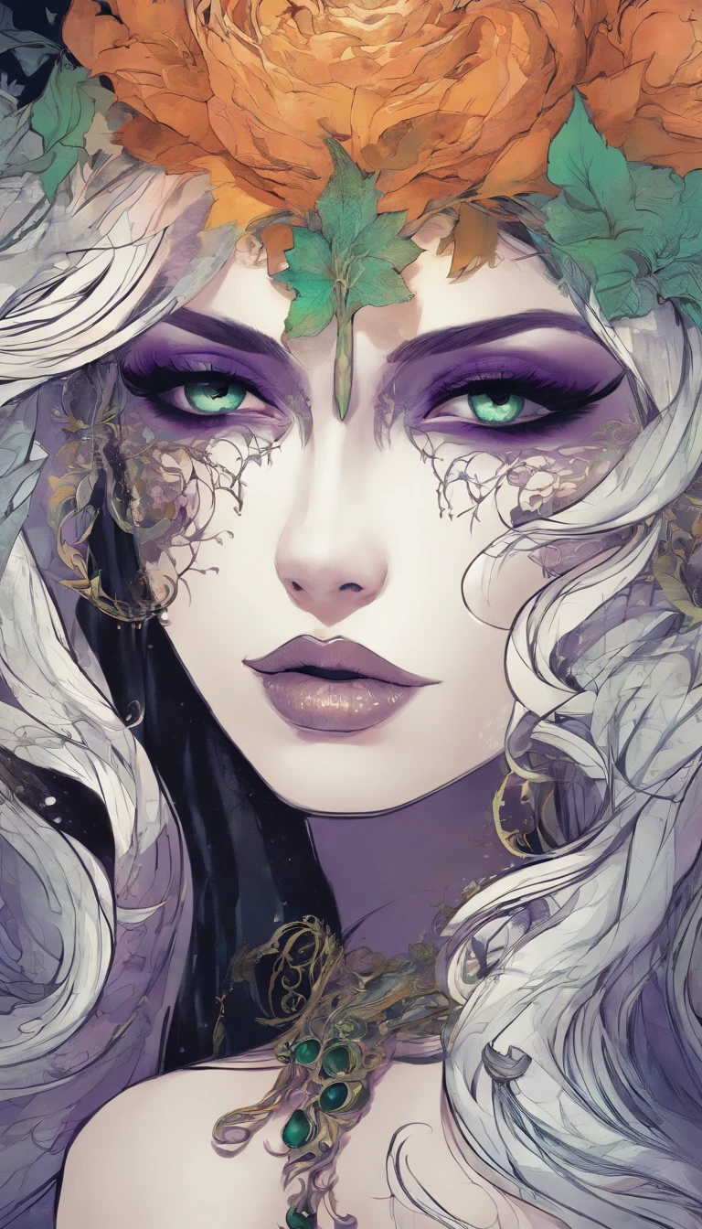 Close up retrato da mulher no traje com cabelo roxo e olhos roxos brilhantes, Bright green pumpkin, Lois van Baarle e Rossdraw, Artgerm e Lois van Baarle, Artgerm e RossDrew, rossdraw desenho animado vibrante, A beautiful succubus, Estilo Ross Tran, Rossdraw 2. 5, inspirado em Ross Tran, estilo de arte de halloween, ArtGerm muito detalhado