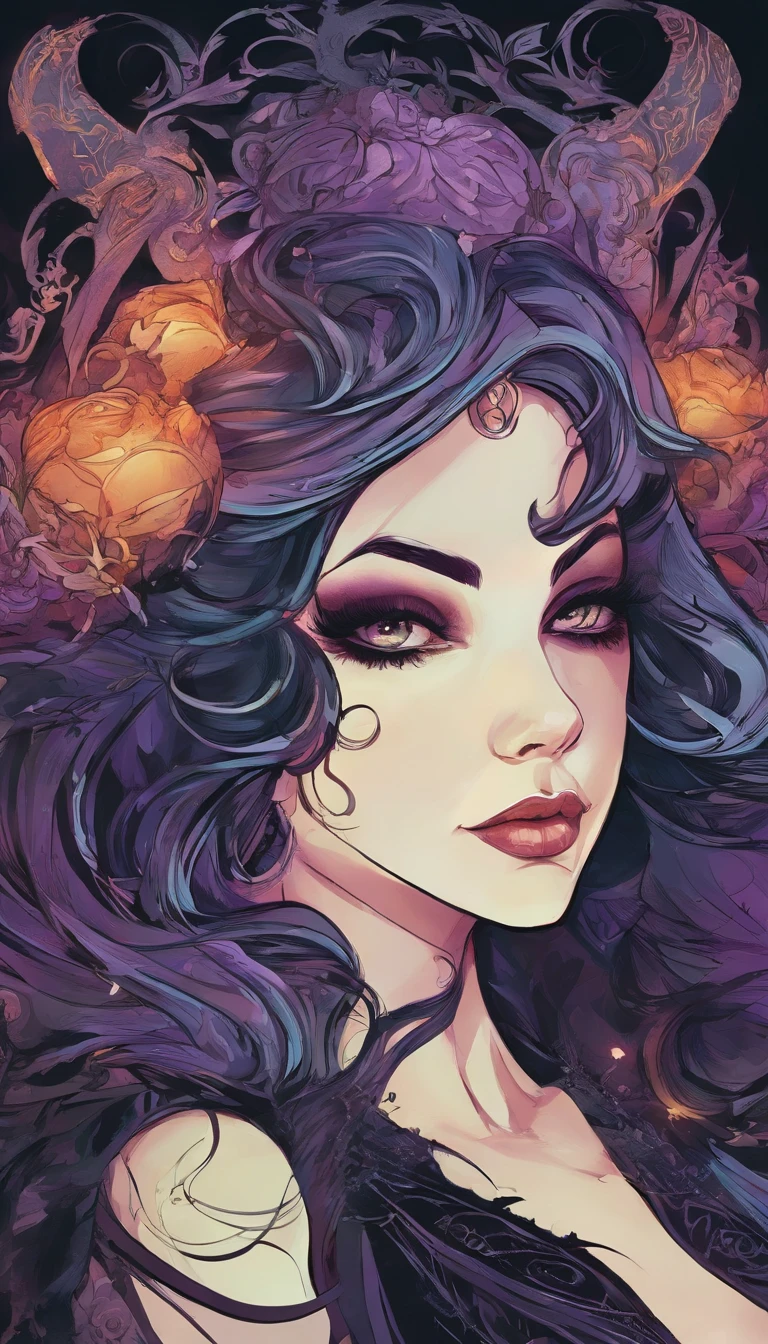 Close up retrato da mulher no traje com cabelo roxo e olhos roxos brilhantes, Bright green pumpkin, Lois van Baarle e Rossdraw, Artgerm e Lois van Baarle, Artgerm e RossDrew, rossdraw desenho animado vibrante, A beautiful succubus, Estilo Ross Tran, Rossdraw 2. 5, inspirado em Ross Tran, estilo de arte de halloween, ArtGerm muito detalhado