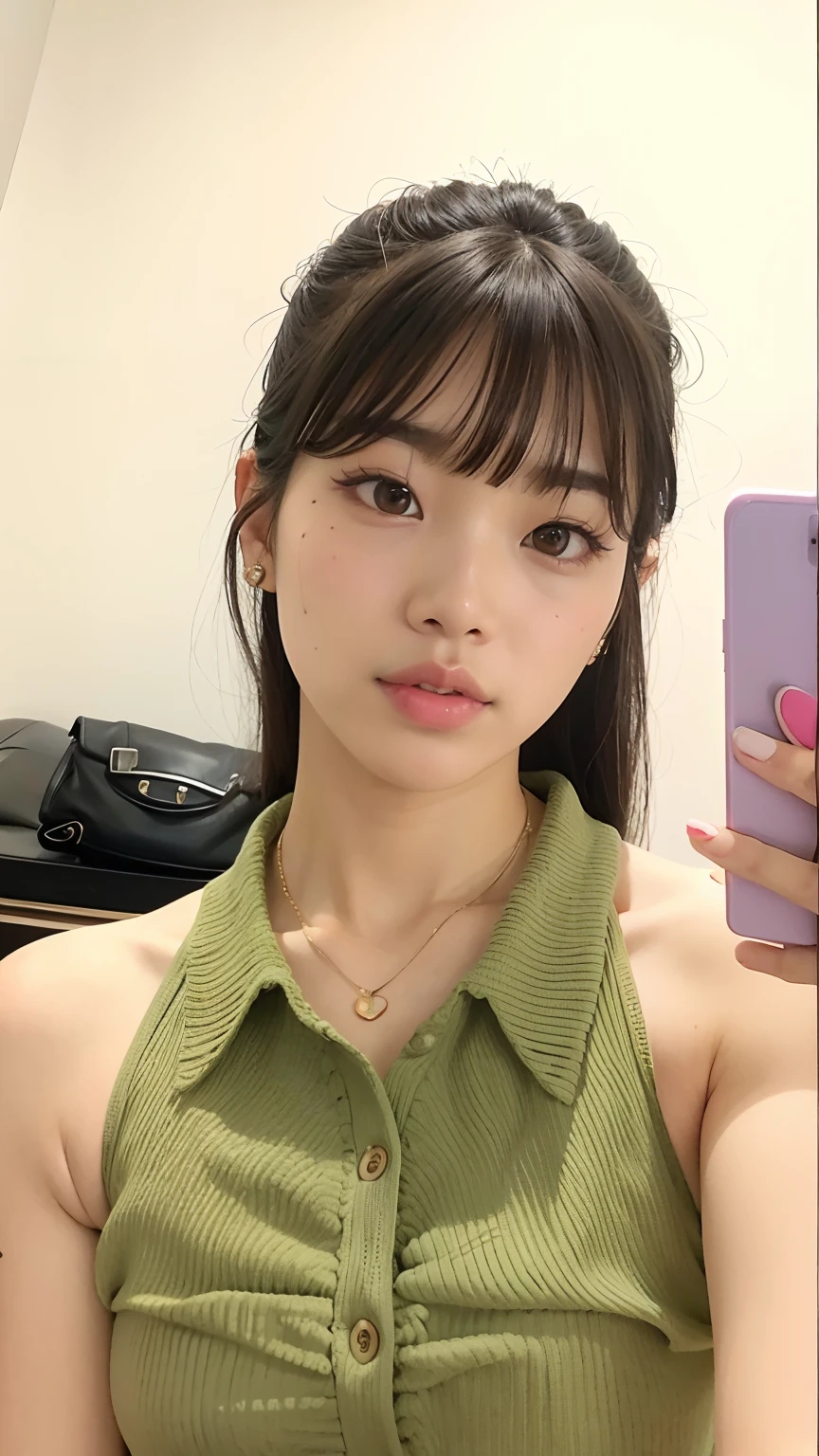 Asian woman taking a selfie with her cell phone, Lalisa Manobal, Bae Suzy, Jinyoung Canela, Lalisa Manoban do Blackpink, Jaeyeon Nam, Kim Doyoung, com franja, Ulzzang, Ela tem cabelo preto com franja, Heonhwa Choe, franja contundente cai em sua testa, com franja completa