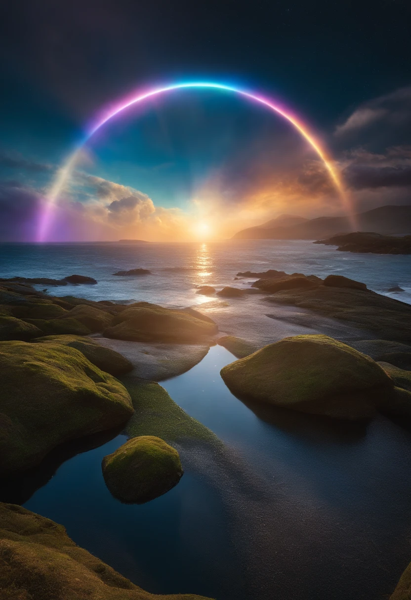 Close up of iridescent circle in the sky. The scene features a rainbow resembling air.、Full of iridescent clouds. This is such a colorful haven. Clouds are iridescent、Illuminated by the holy halo. The scene has、Also included are clear iridescent galaxies and stormy seas. I see a rainbow in the sky, Surrounded by synchrotron halos. The scene has、There are also ethereal rainbow nimbass and bright rainbow ninbus, As well as prism halo. A space that shines in rainbow colors, Illuminated by the light of heaven. This is、One of the most beautiful images ever created.