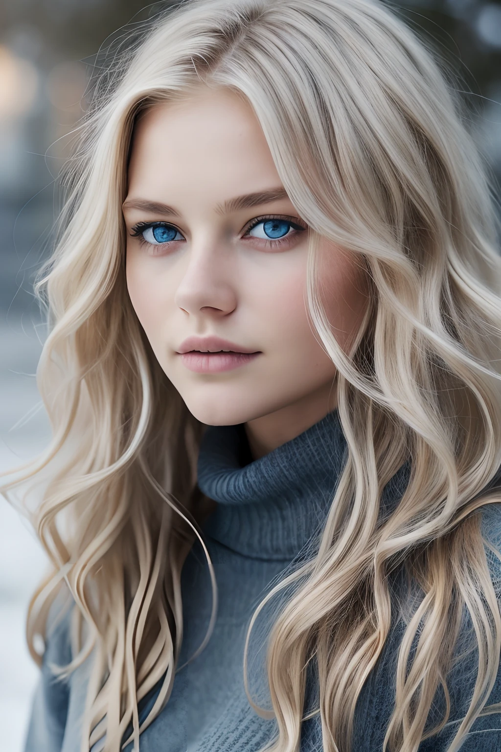 ((1girl in, age19, Solo, Long wavy blond hair, messy wind blown hair, blondehair, (dark blue eyes), Colossal tits, full body shot, (textured skin, skin pores:1.1))), imperfect skin, goosebumps, in a city park, stone bench, snow, (brown winter jackte: 1.2), (grey turtle neck), (dark blue jeans), (extremely detailed 8k wallpaper), soft lighting, high quality, film grain, Fujifilm XT3 sharp focus, f 2.6, 135mm, High Detail, Sharp focus,(natural light), (seductive), Realistic, ultra realistic, photo realistic, crazy details, complex details, hyper detailed