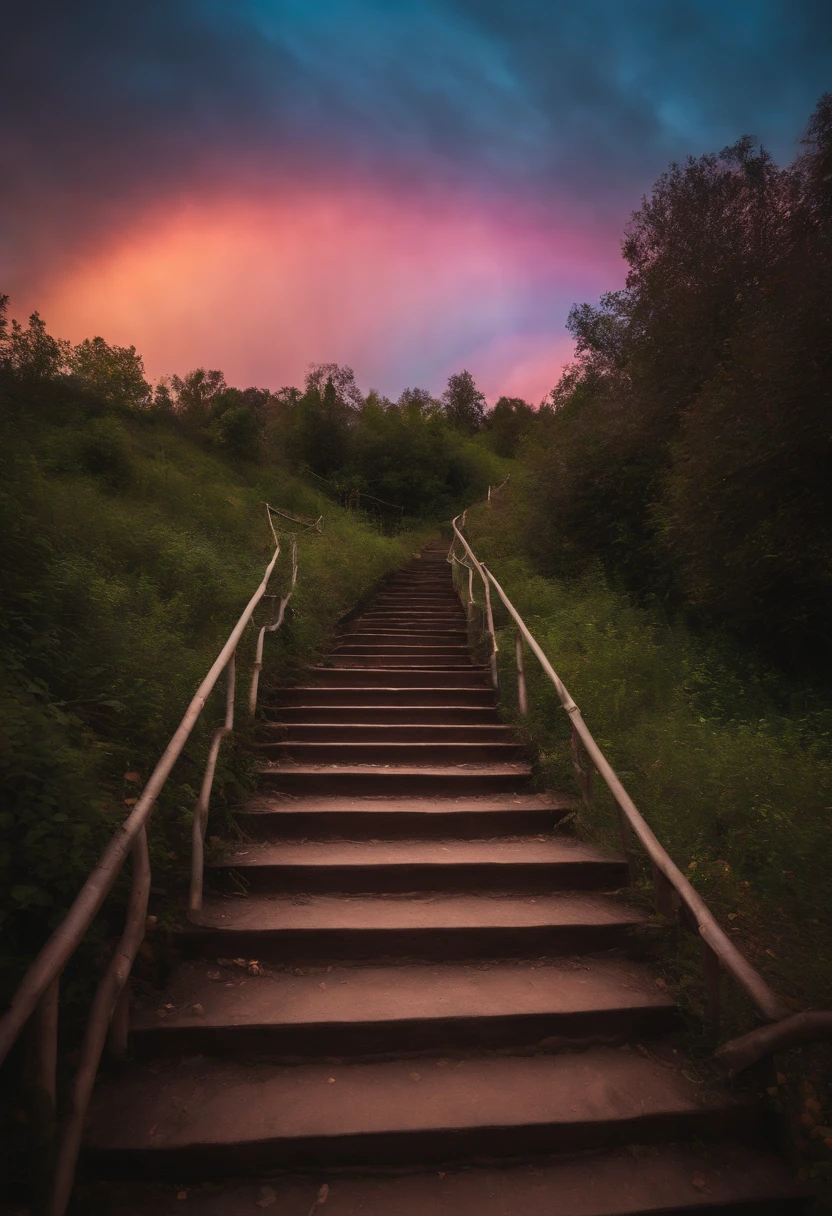 Close-up of the stairs leading to the rainbow sky, A very colorful staircase to heaven. The sky is full of iridescent clouds. This staircase leads from hell to heaven, Reflecting the colors of the heavens. Rainbow clouds lead you to a colorful sky. This road is known as the Rainbow Trail, Looks like iridescent eyes. The scene is full of beautiful colors, colorful skies, Rainbow Color, Heaven, Psychedelic sky, colorful image, And great colors.