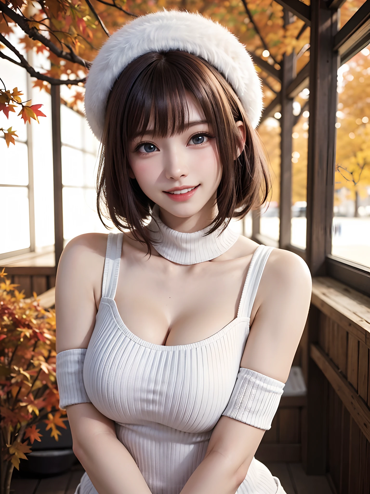 (masutepiece:1.4, top-quality、Very attractive adult beauty with a very cute smile:1.4、Add intense highlights to the eyes:1.4、Look firmly at the camera、Beautiful woman full of adult charm:1.4),1girl in, 独奏, Light brown shiny hair, muffler,Santa Claus hat:1.4,realisitic, looking at the viewers, Bright colored crystal light blue eyes:1.4, short shiny hair, Santa Claus Starneck Knit、 Red and white costume of Santa Claus in turtleneck with round hole in the center of the chest:1.4,Sexy red and blue turtleneck knit sweater with round hole in the center of chest:1.4、 s lips, lipgloss:1.4，bangss, The upper part of the body、big eye、Lashes、The face is a little red:1.4、Embarrassing)、((Canadian tree-lined avenues in autumn:1.4))、((Shorthair with bangs、big eye、Put very strong highlights in your students:1.4、{Gigantic|Big|Huge|Mega} breasts:1.4、very Bigger breasts、gazing at viewer、Very beautiful beauty、Put your ears out:1.4、long neck:1.4、little smiling、Beautiful teeth、Open your mouth and smile:1.4))、28 year old:1.4、Very cute supermodel:1.4、