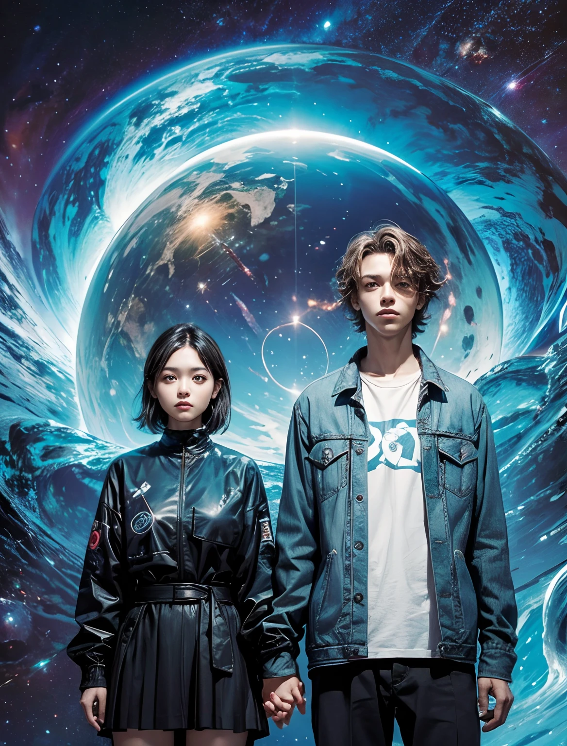 Images taken from the front with the camera.Image of the upper body of two men and a woman standing hand in hand. Both are dressed in modern clothing. Both of them have serious expressions on their faces.. He is 20 years old. Images of outer space and wormholes in two backgrounds.