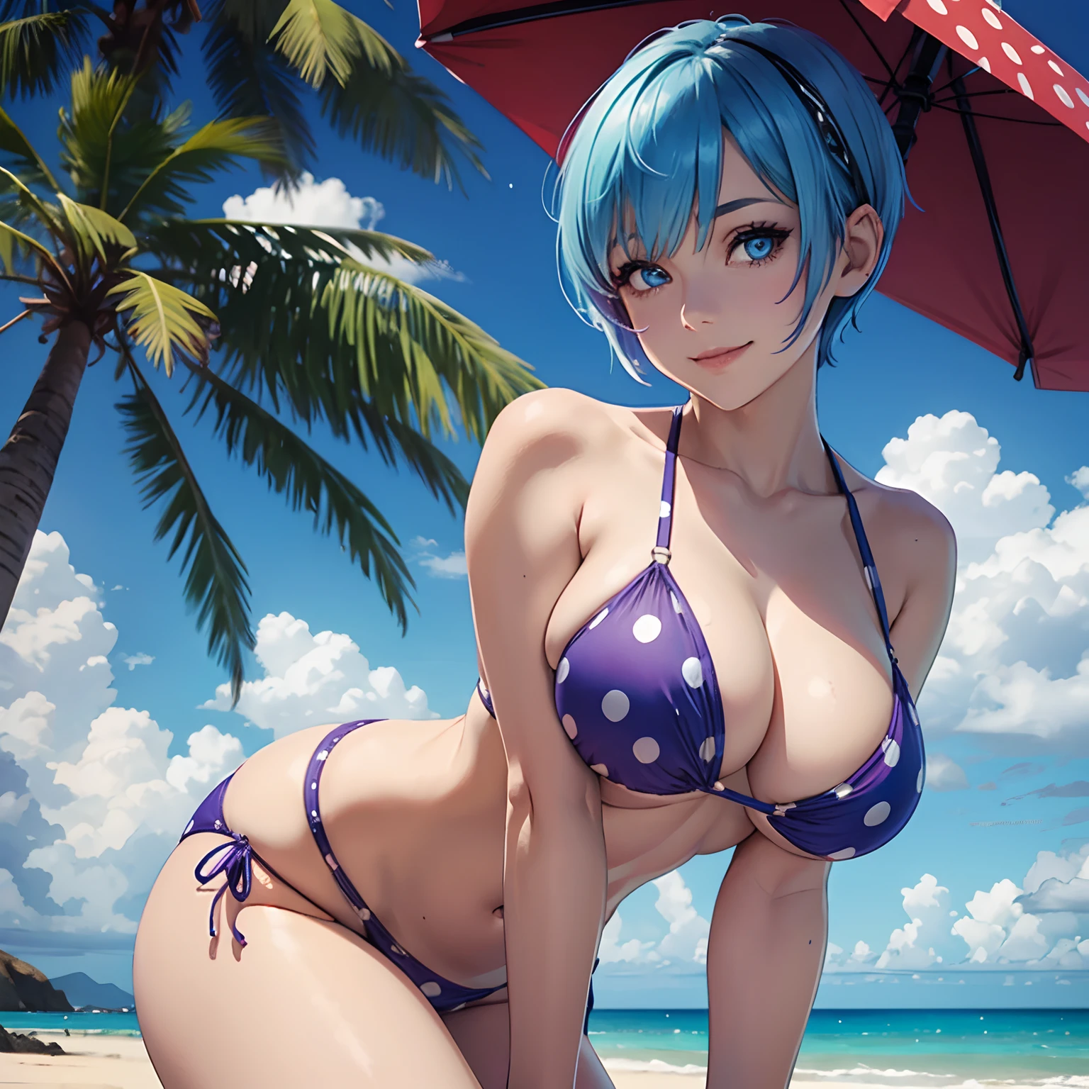 1girl, blue hair, blue eyes, pixie cut, large breasts,Smiling, purple polka dot bikini, beach