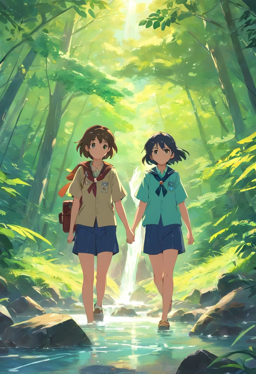 One boy, one girls Scouts always help each other in every situation when the other is in trouble, have a hut and a stream
