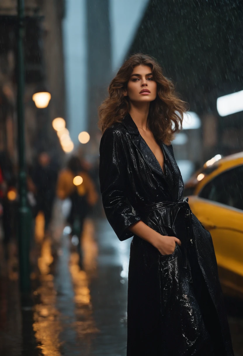 Appearance Asia Curly top model with long brown hair Kaia Gerber is filmed in the rain for Chanel in a sexy outfit , street photography , Naked , sexy body , Smoking cigarettes with a gun , Naked Huge breasts, Lush breasts, Sheer clothing