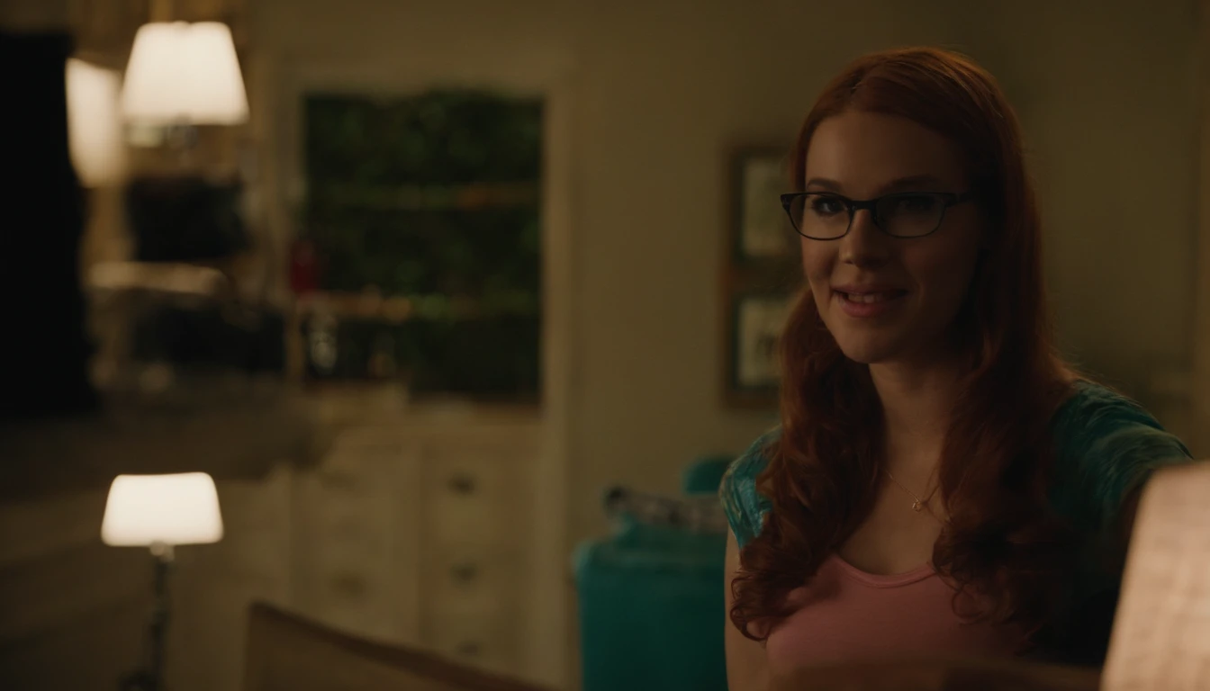 Name: Allison, Age: 24, Ethnicity: American, from Corpus Christi, Texas, Physical Appearance: Allison is a redhead with glasses. She is about 5'5" and has a slim build, buxom. Allison is watching fast-food commericials in front of the tv, she is wearing a pink tank top and blue jean shorts and flip flops. her hair is in pigtails.
