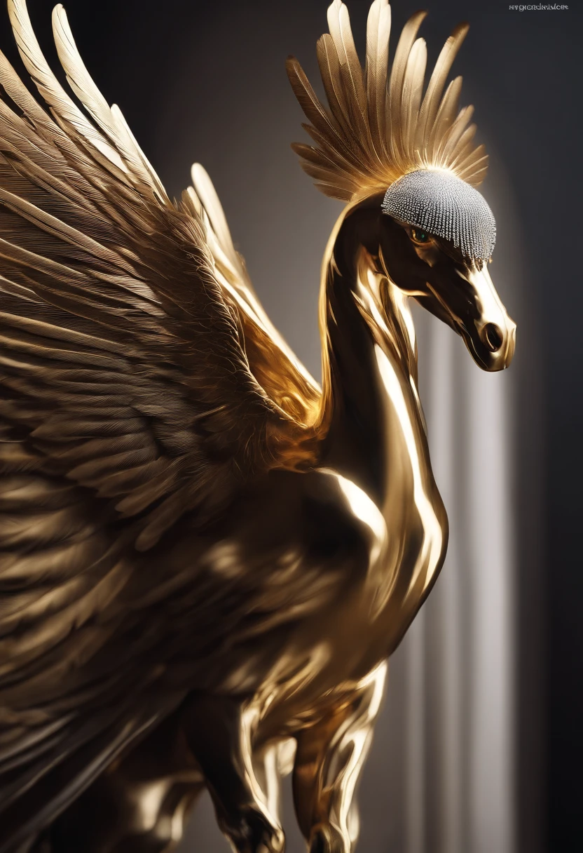 Pegasus alados preto, with white spot on the head in the shape of a bird's feather, olhos claros brilhantes,dourado , cores muito brilhantes, light particles, com luz brilhante, Mshiv, Arte do papel de parede, Papel de parede UHD imagem hd