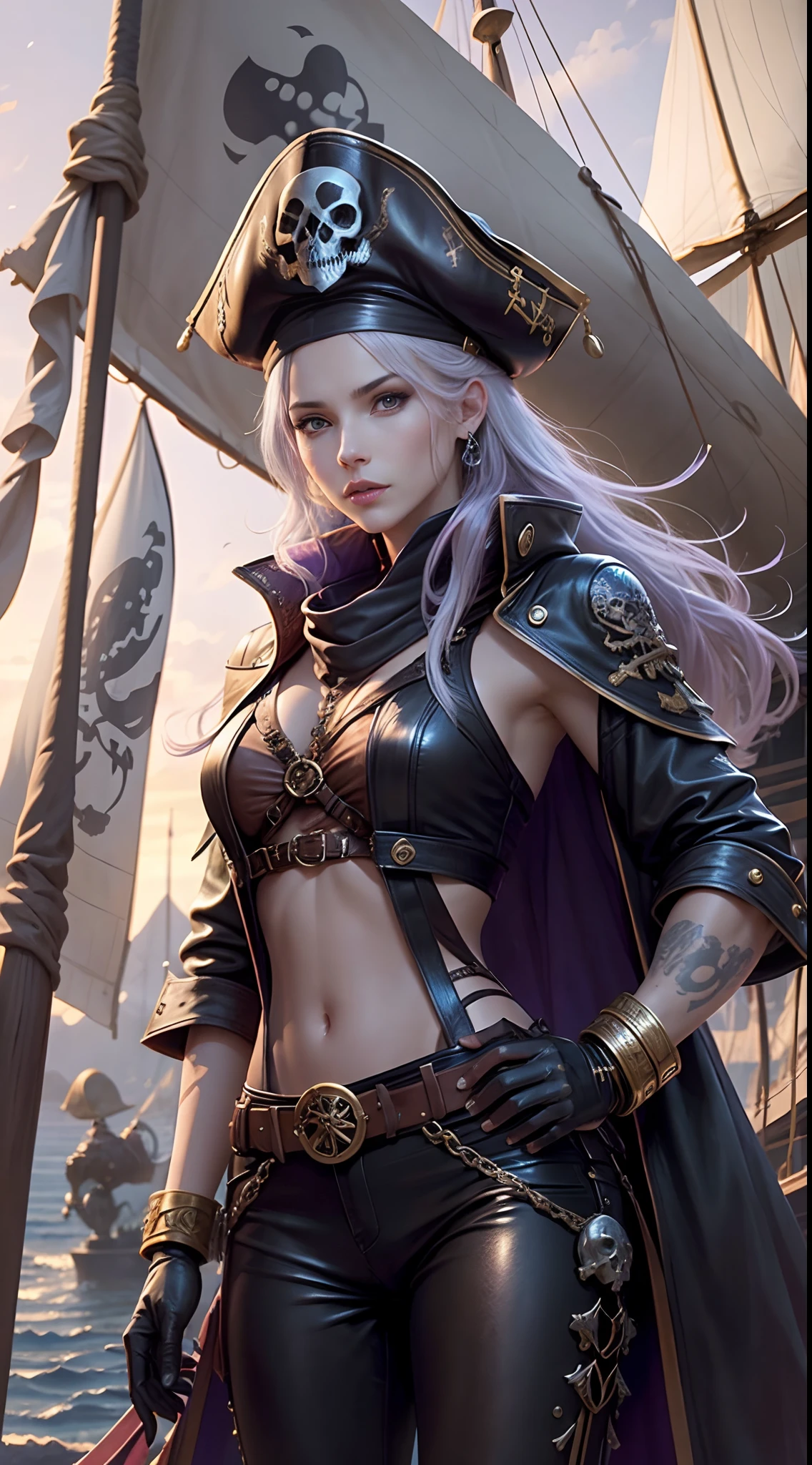 full body Esbian, of the highest quality, Intricate details , (Fine skin, Shiny skin, Shiny hair, pale complexion), Purple Sky, Golden Time, Sunset, Sail ships, Pirate Ship, ((Flag skull mark)), ambitious, Seductive Woman, Gray hair, Long hair, Hair fluttering in the wind, scar on cheeks, Detailed tattoos, leather clothes, sleeveless clothes, leather coat, Leather gloves, Solid Gold Bracelet, leather pant, Red pants, Pirate Hat , Hat with a skull marker, (Leather Belt), Look far away