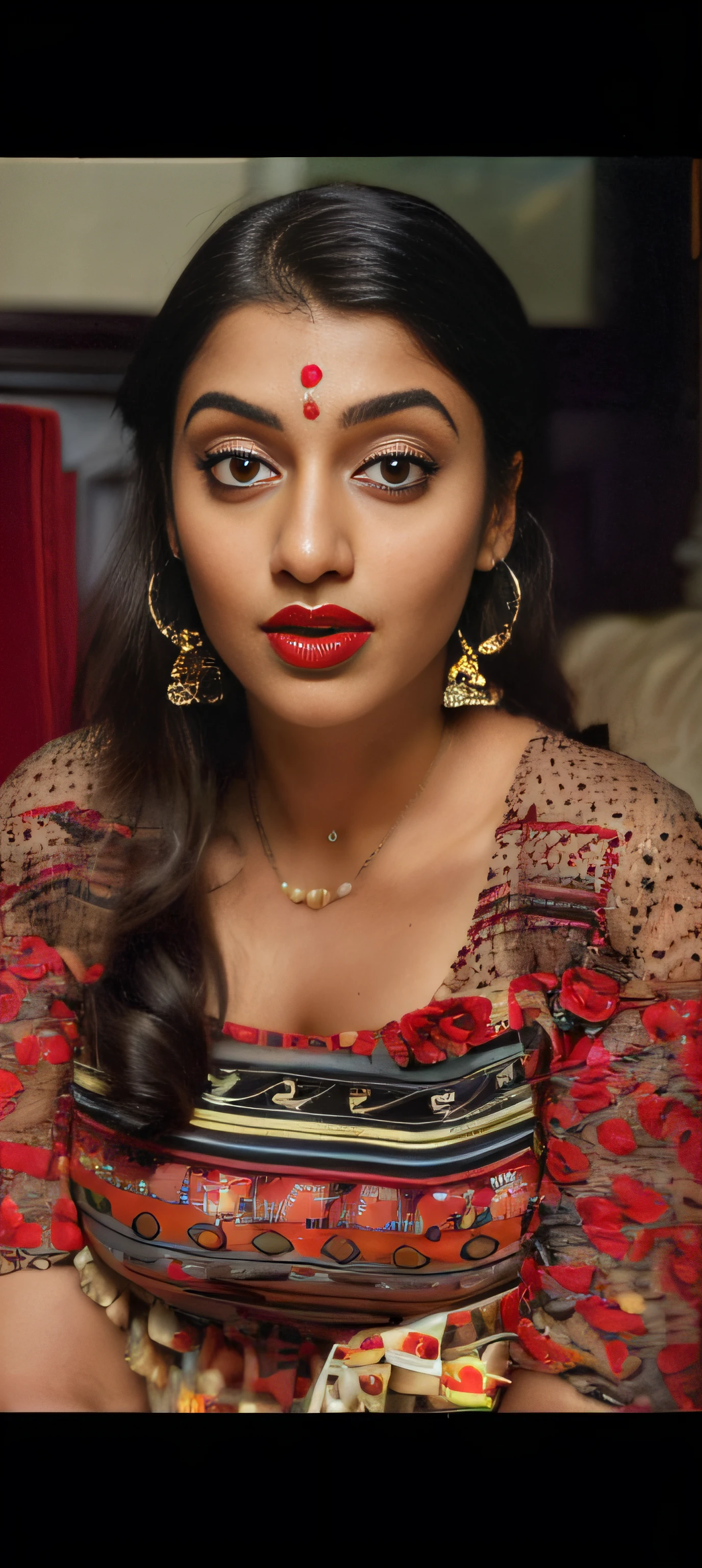 (editorial photograph of a young Indian woman with big boobs red lips)、karla ortiz, (highly detailed face:1.4) (smile:0.7) (backround park , moody, private study:1.3) POV, by lee jeffries, nikon d850, film stock photograph ,4 kodak portra 400 ,camera f1.6 lens ,rich colors ,hyper realistic ,lifelike texture, dramatic lighting , cinestill 800, realistic, wearing Black dobby weave self design fit & flare dress Sweetheart neck Short, puff sleeve Tie-up detail on back Above knee length in flounce hem Attached Lining Chiffon fabric, actress, karla ortiz, posing!!, candid picture, by Max Dauthendey,