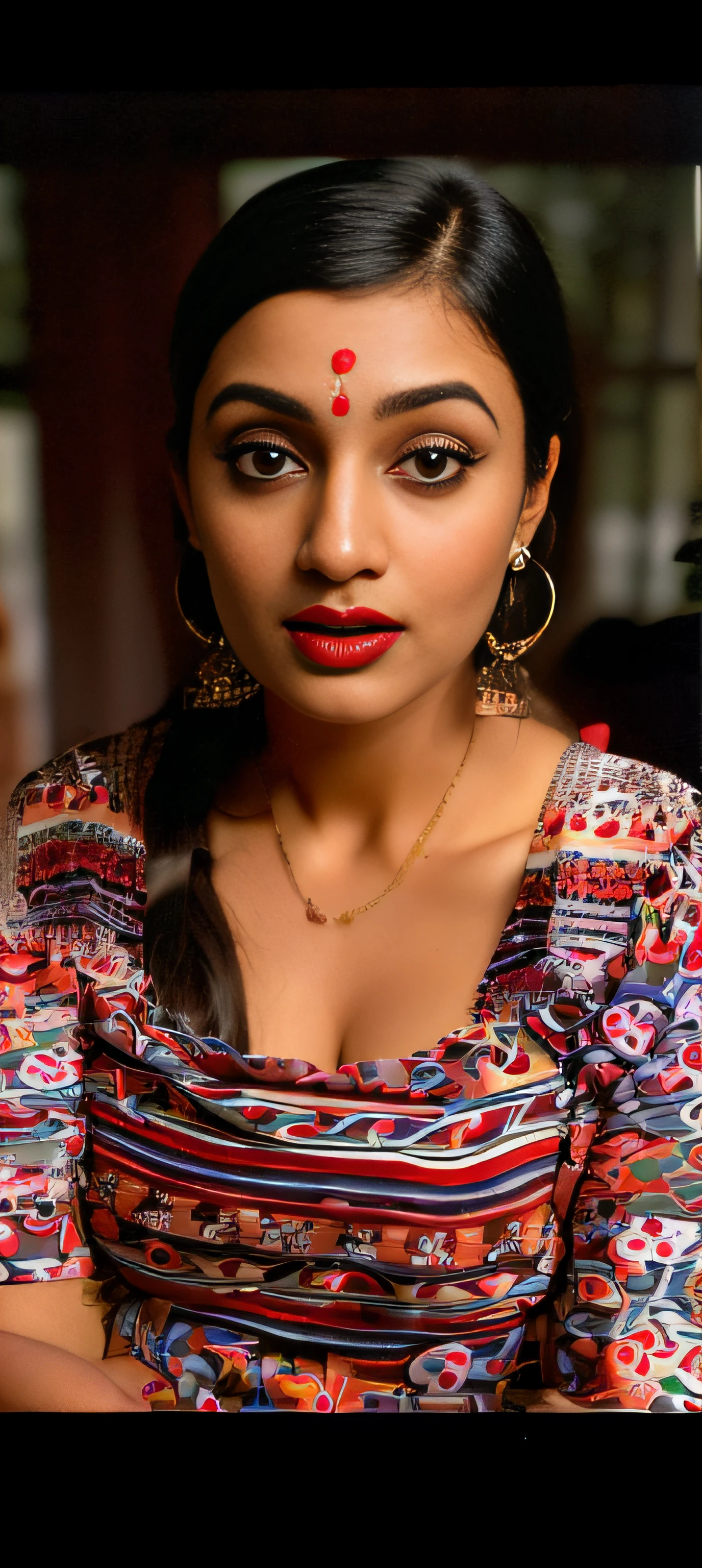 (editorial photograph of a young Indian woman with big boobs red lips)、karla ortiz, (highly detailed face:1.4) (smile:0.7) (backround park , moody, private study:1.3) POV, by lee jeffries, nikon d850, film stock photograph ,4 kodak portra 400 ,camera f1.6 lens ,rich colors ,hyper realistic ,lifelike texture, dramatic lighting , cinestill 800, realistic, wearing Black dobby weave self design fit & flare dress Sweetheart neck Short, puff sleeve Tie-up detail on back Above knee length in flounce hem Attached Lining Chiffon fabric, actress, karla ortiz, posing!!, candid picture, by Max Dauthendey,