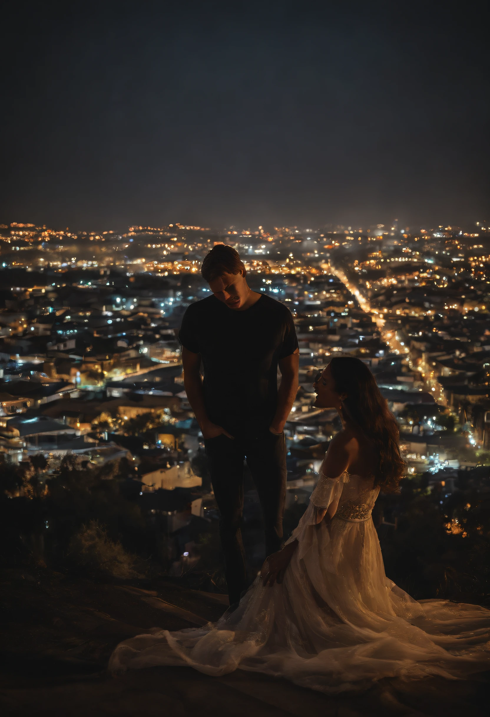a girl lying unconscious in the arms of a handsome white guy in the late night, black girl, strong, tall and robust white man, high-resolution, ultra-detailed, realistic, dark and mysterious lighting, intense emotions, cityscape background, vivid colors, cinematic style